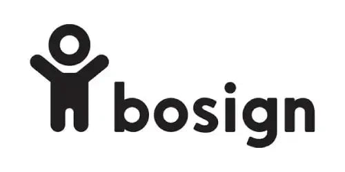 Czarno-białe logo Bosign z minimalistyczną sylwetką człowieka, akcesoria biurowe.