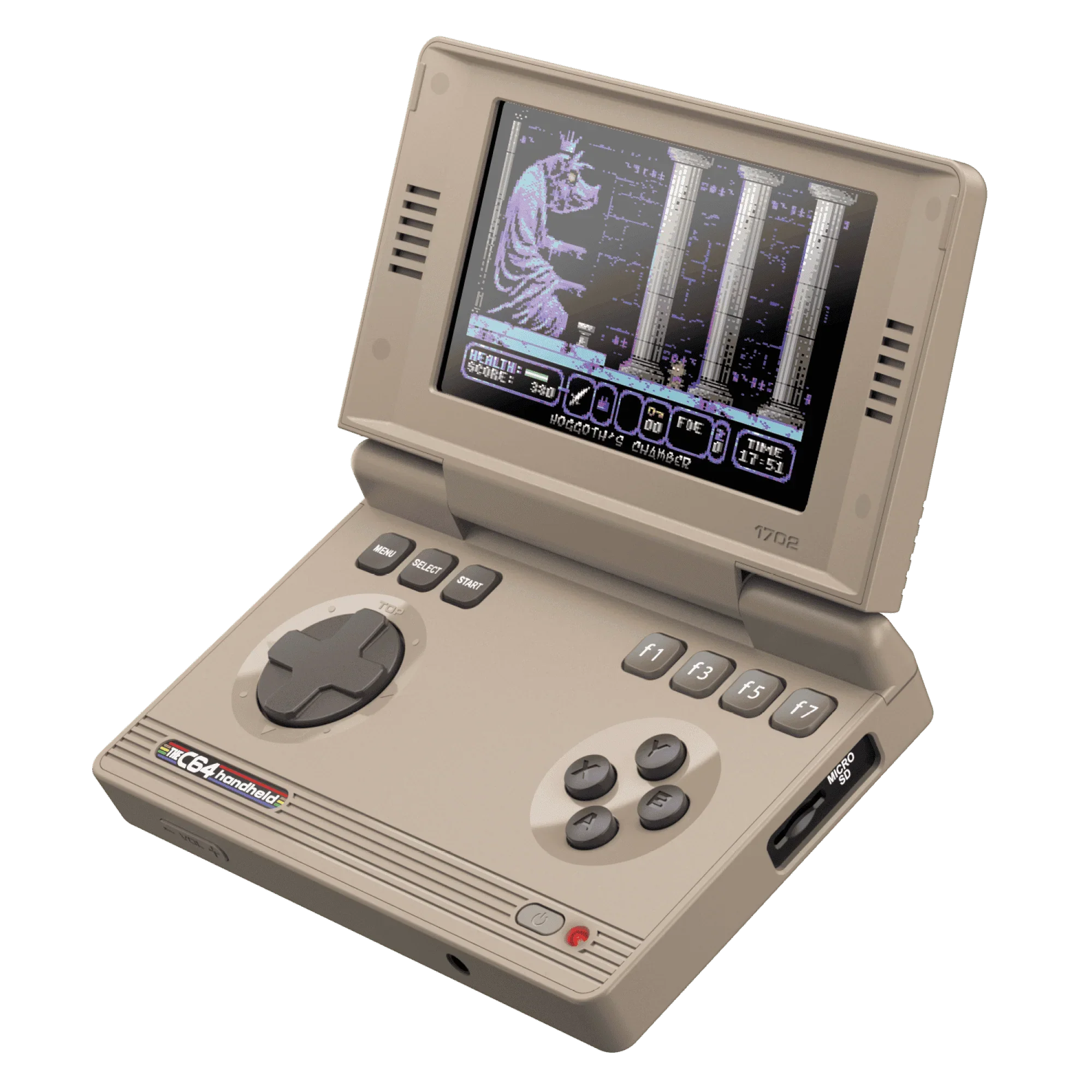 Beżowa konsola przenośna C64 Handheld z klawiszami i ekranem, gra w trybie retro