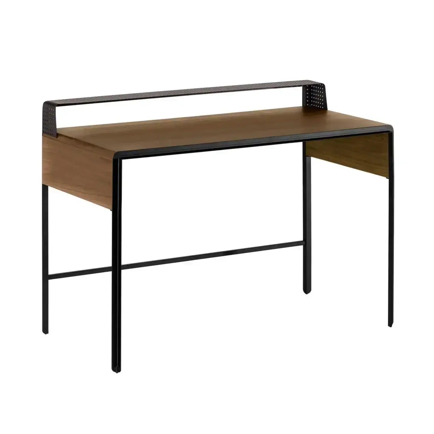 Nowoczesne biurko do home office z drewnianym blatem i czarną metalową ramą.