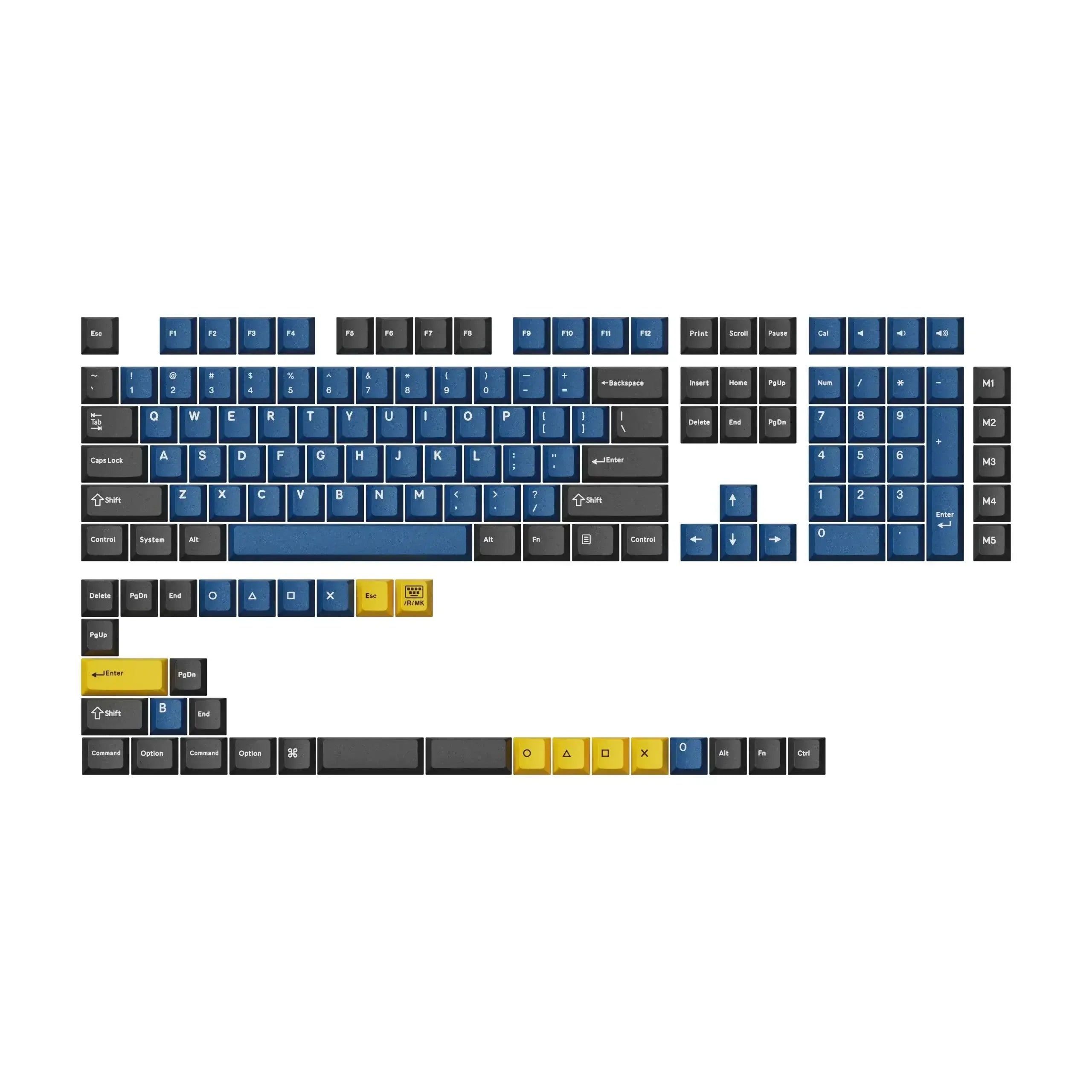 Zestaw keycapów Cherry Profile Double Shot PBT w kolorach niebieskim, czarnym i żółtym do klawiatur mechanicznych.