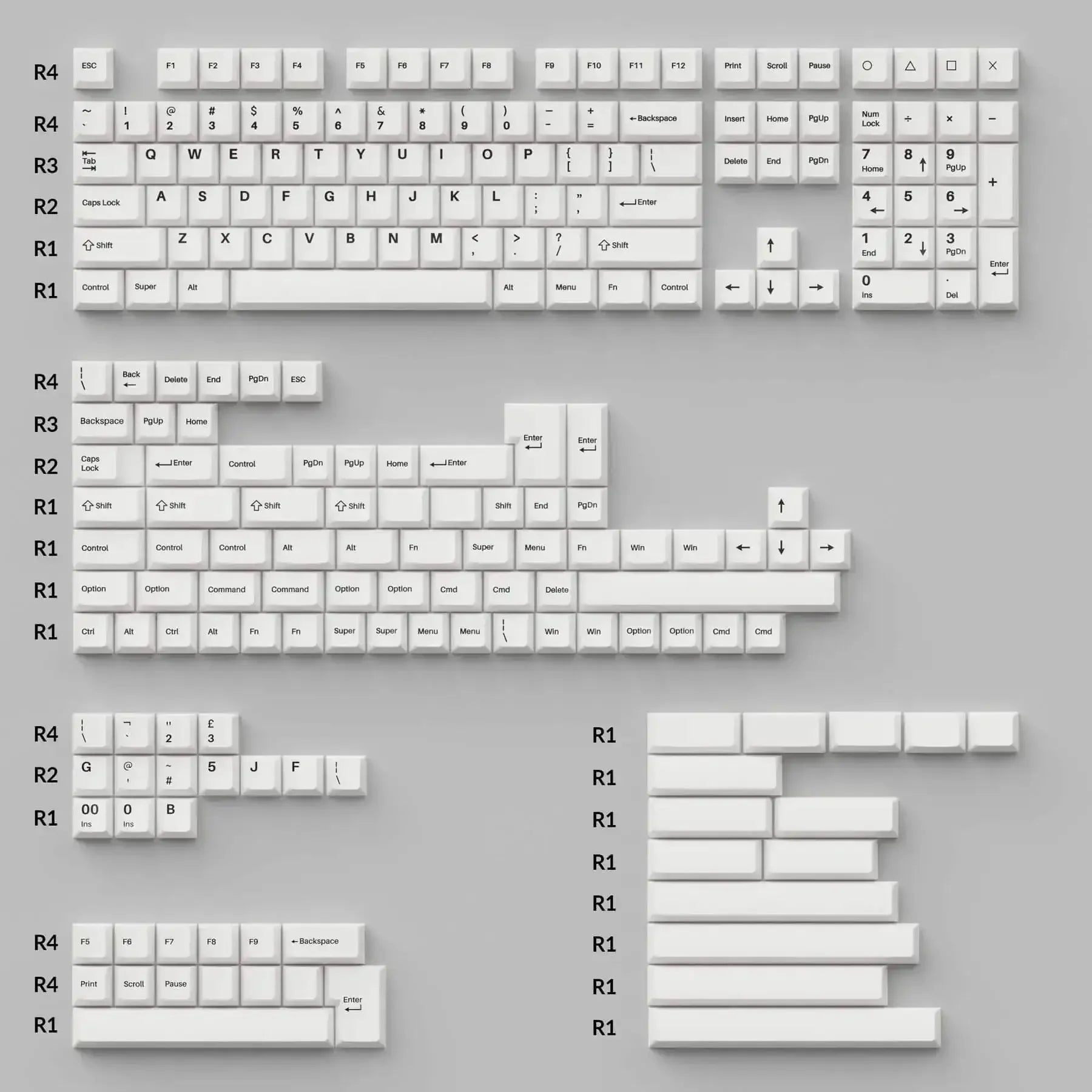 Zestaw keycapów Cherry Profile Double Shot PBT, białe nakładki z czarnymi oznaczeniami, pełny komplet do klawiatury mechanicznej.