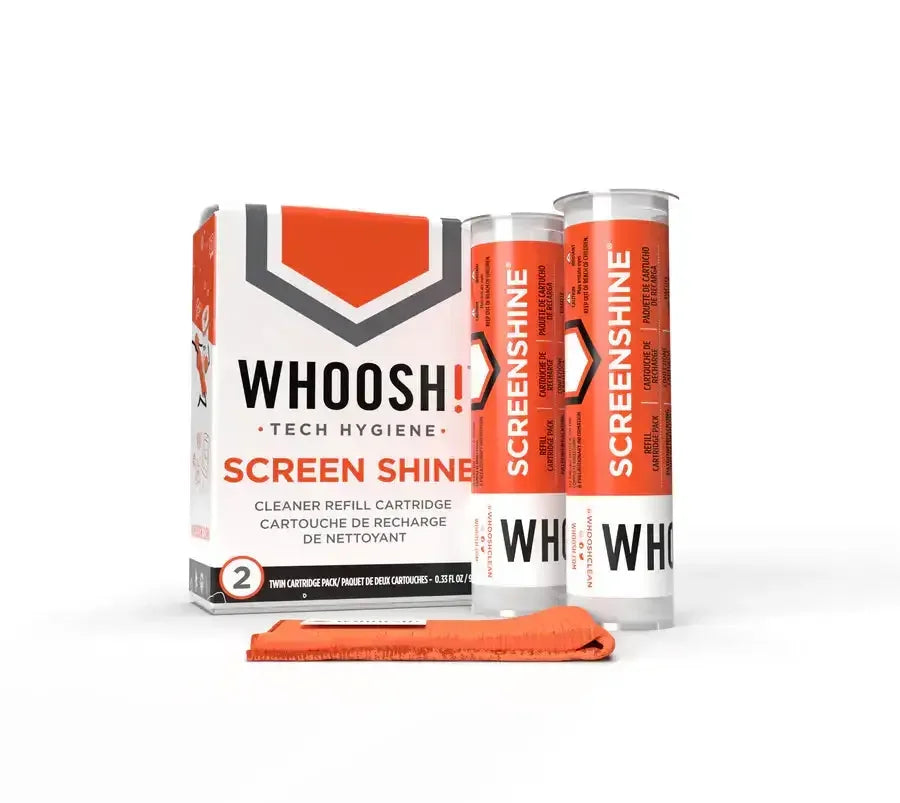 Zestaw do czyszczenia ekranu: dwa wkłady Whoosh Screen Shine oraz pomarańczowa ściereczka