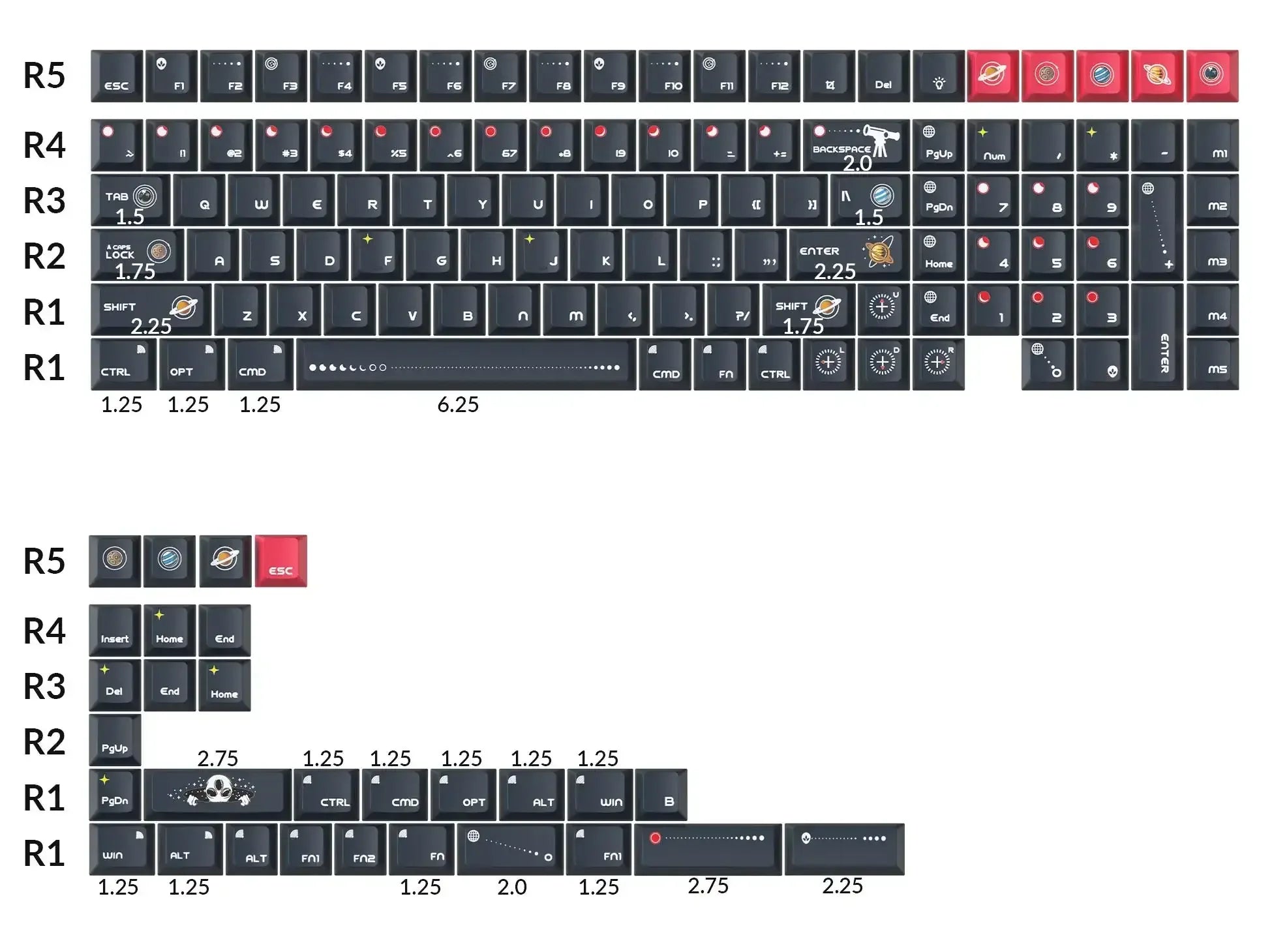 Zestaw keycapów Cherry Profile z motywem kosmosu, ciemne klawisze z grafikami galaktyki