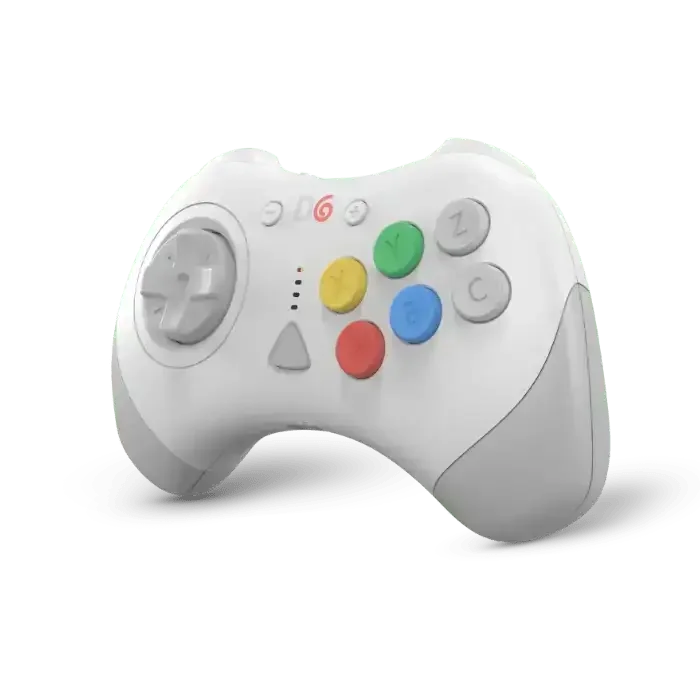 biały gamepad z kolorowymi przyciskami, ergonomiczny kontroler do gier