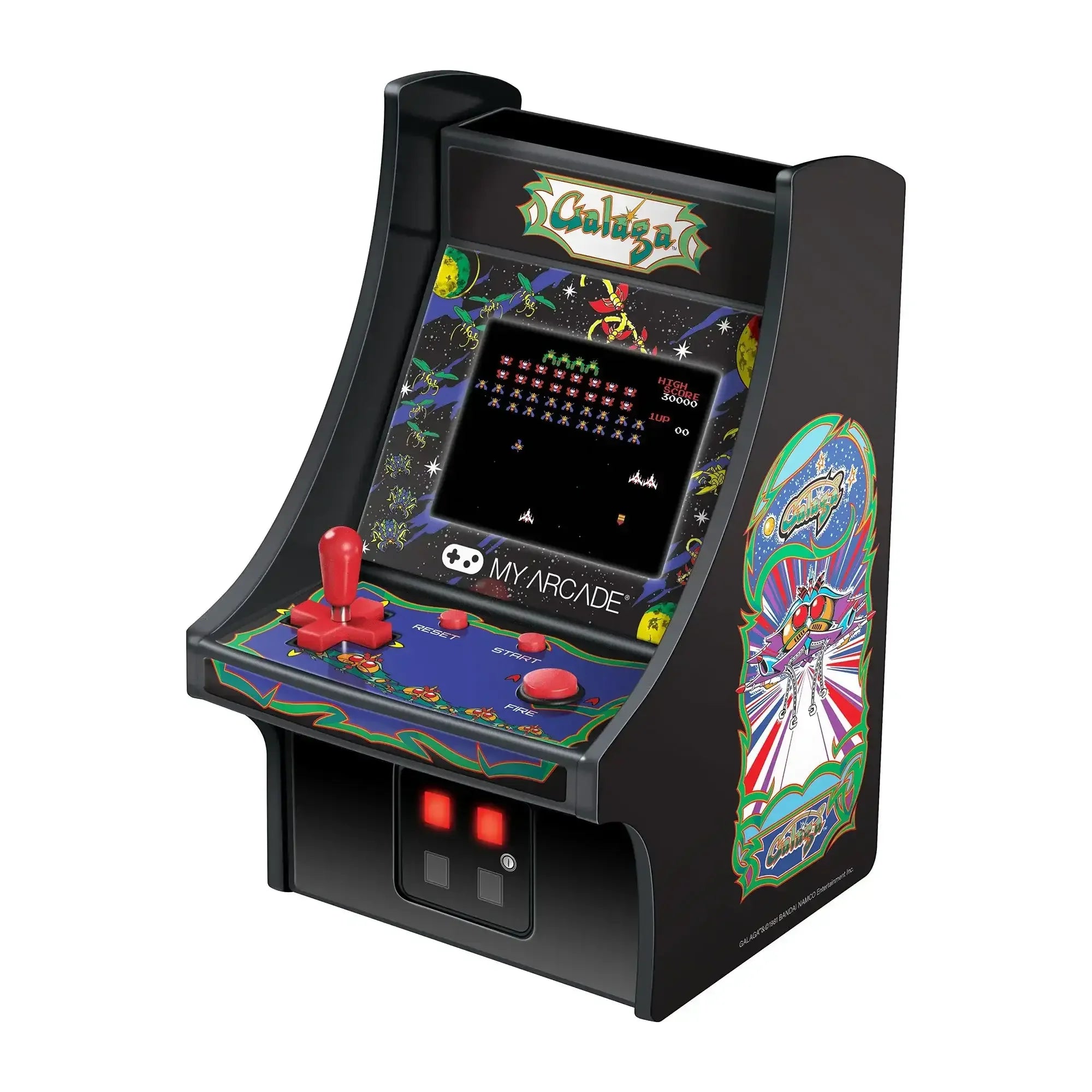 Mini automat arcade Galaga, joystick, kolorowe przyciski, ekran retro gry, dekoracyjne grafiki boczne.