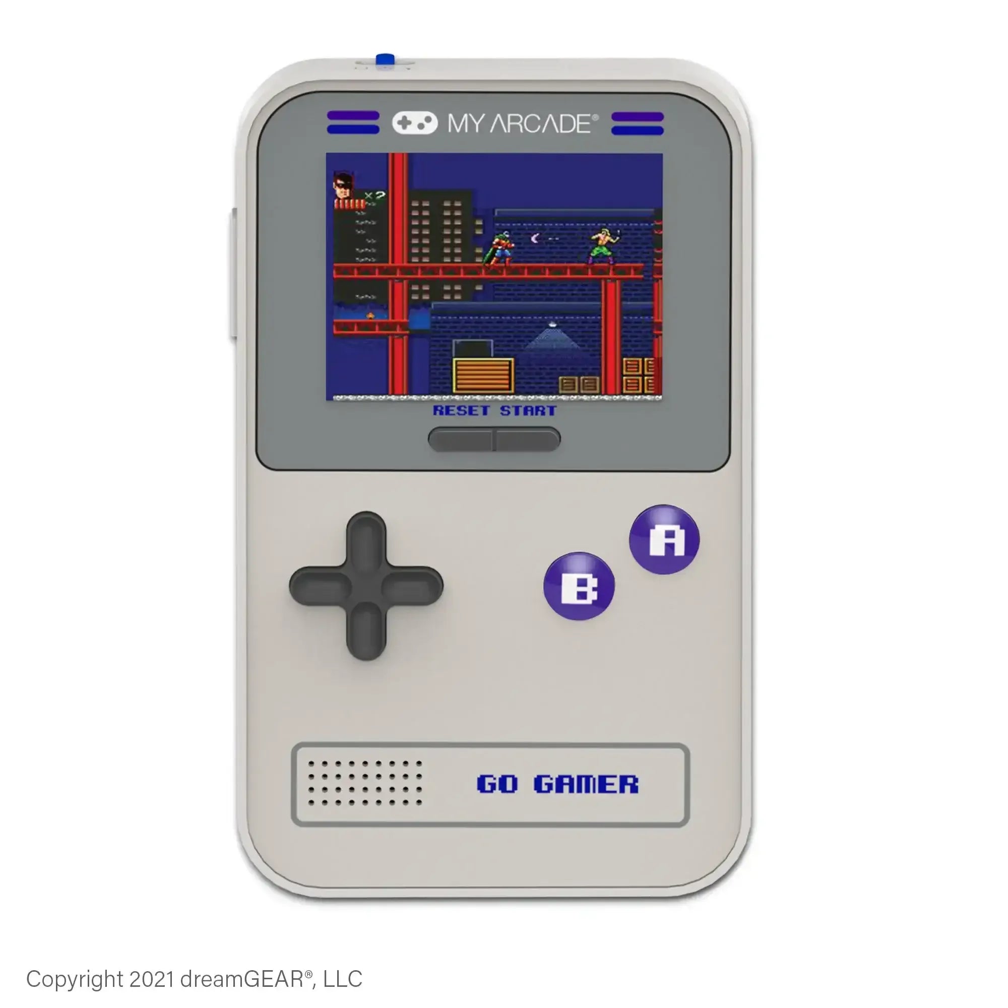 Przenośna retro konsola do gier Go Gamer Classic, ekran z grą, fioletowe przyciski