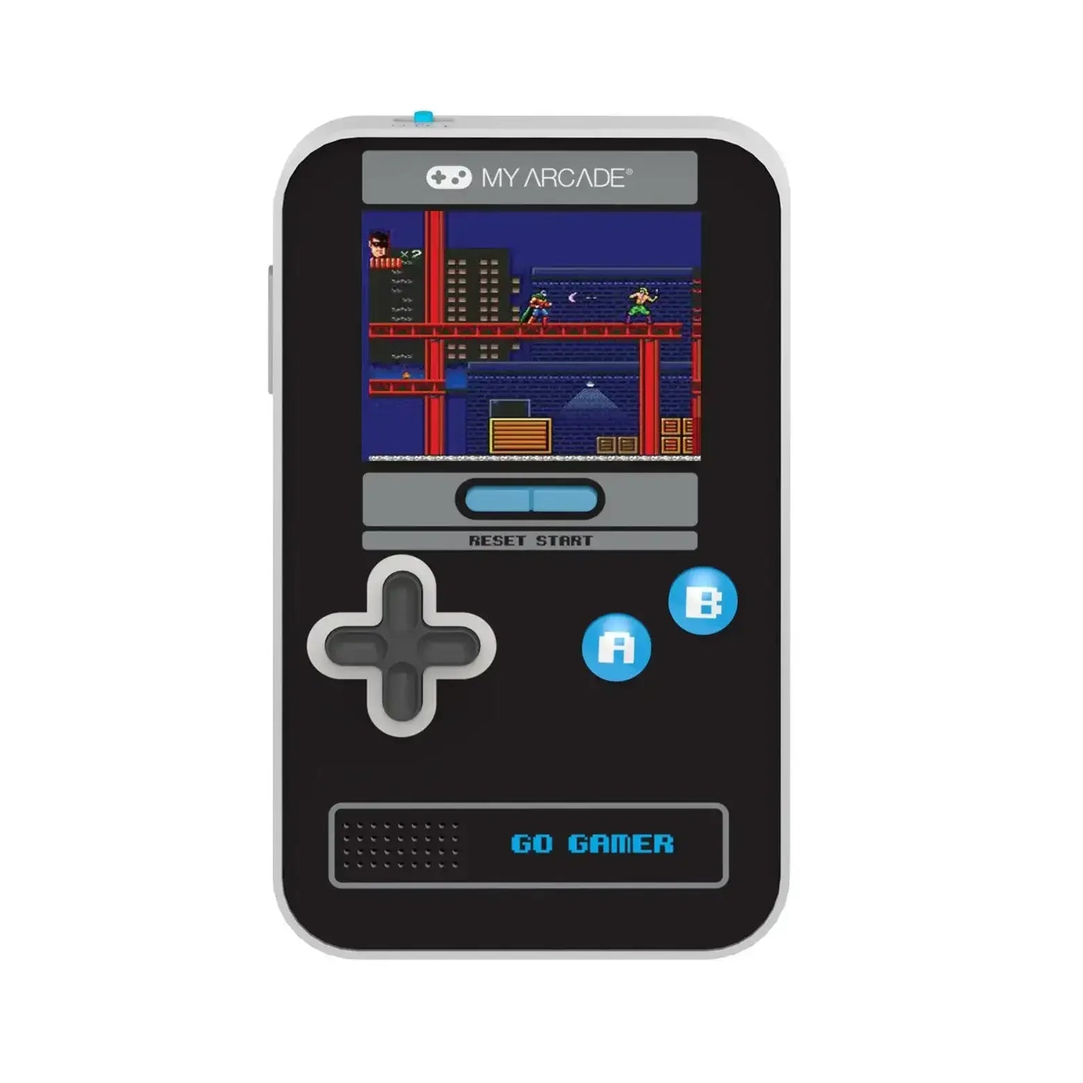 Niebieska konsola retro Go Gamer Classic z ekranem LCD i przyciskami do gier