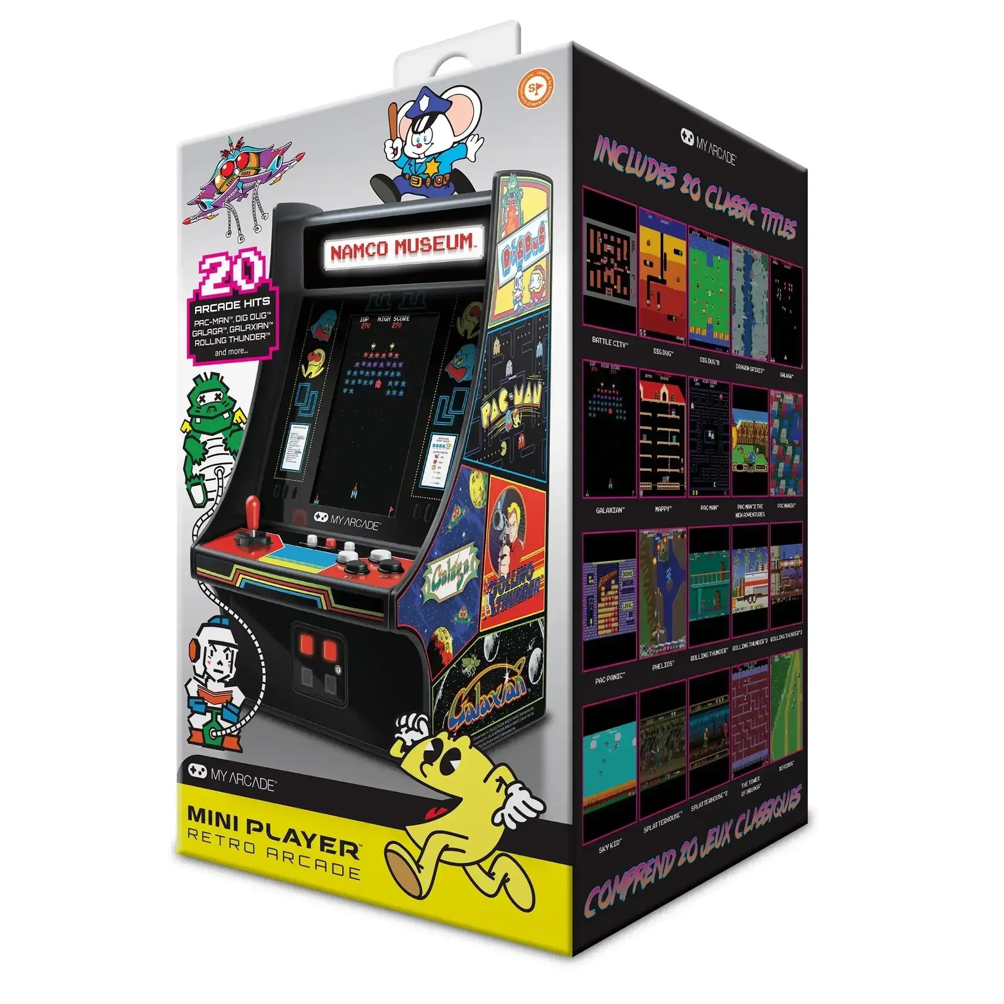 Opakowanie retro konsoli mini arcade Namco Museum z 20 klasycznymi grami, widoczne kolorowe grafiki gier.