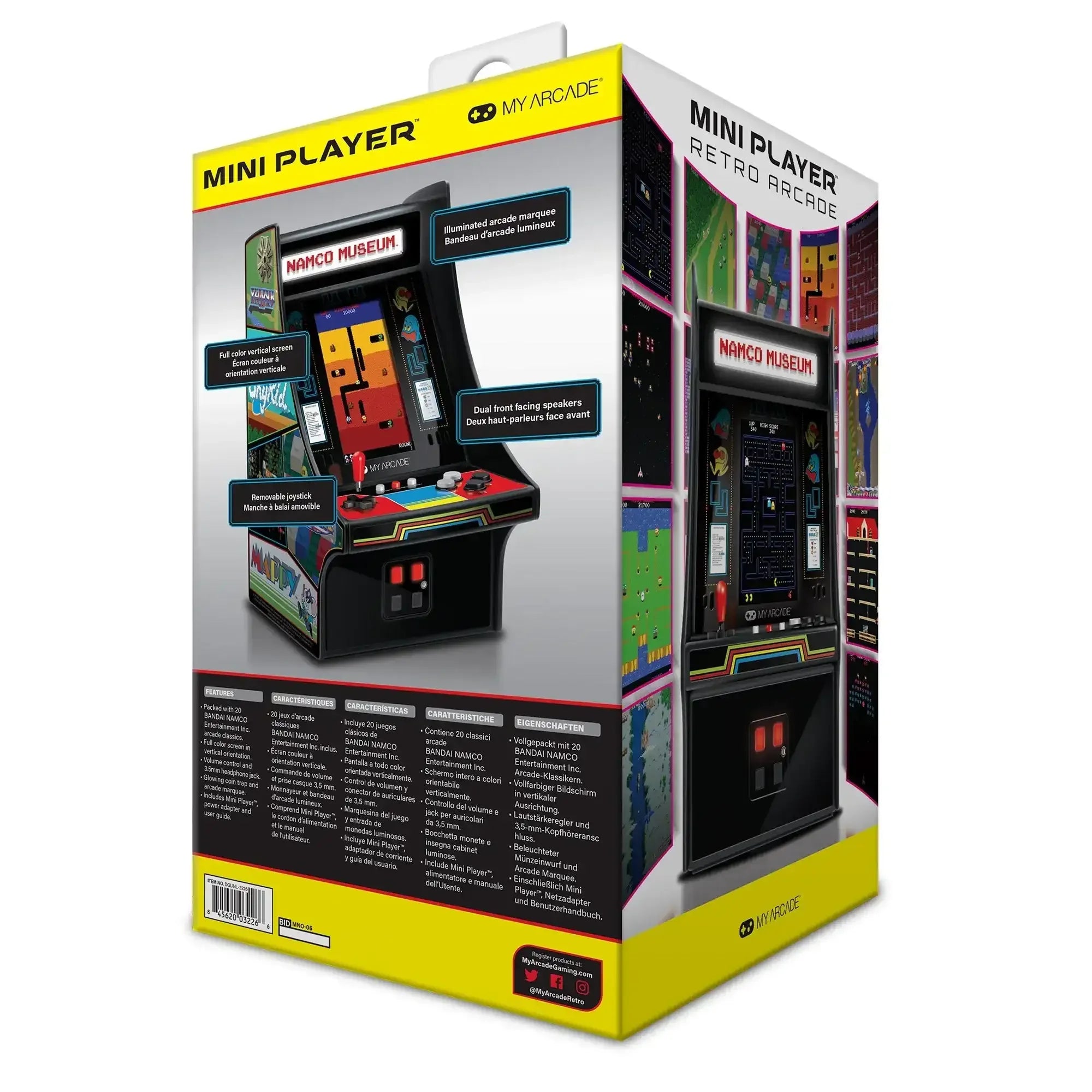 Opakowanie mini automatu arcade Namco Museum z kolorową grafiką retro i opisem funkcji.