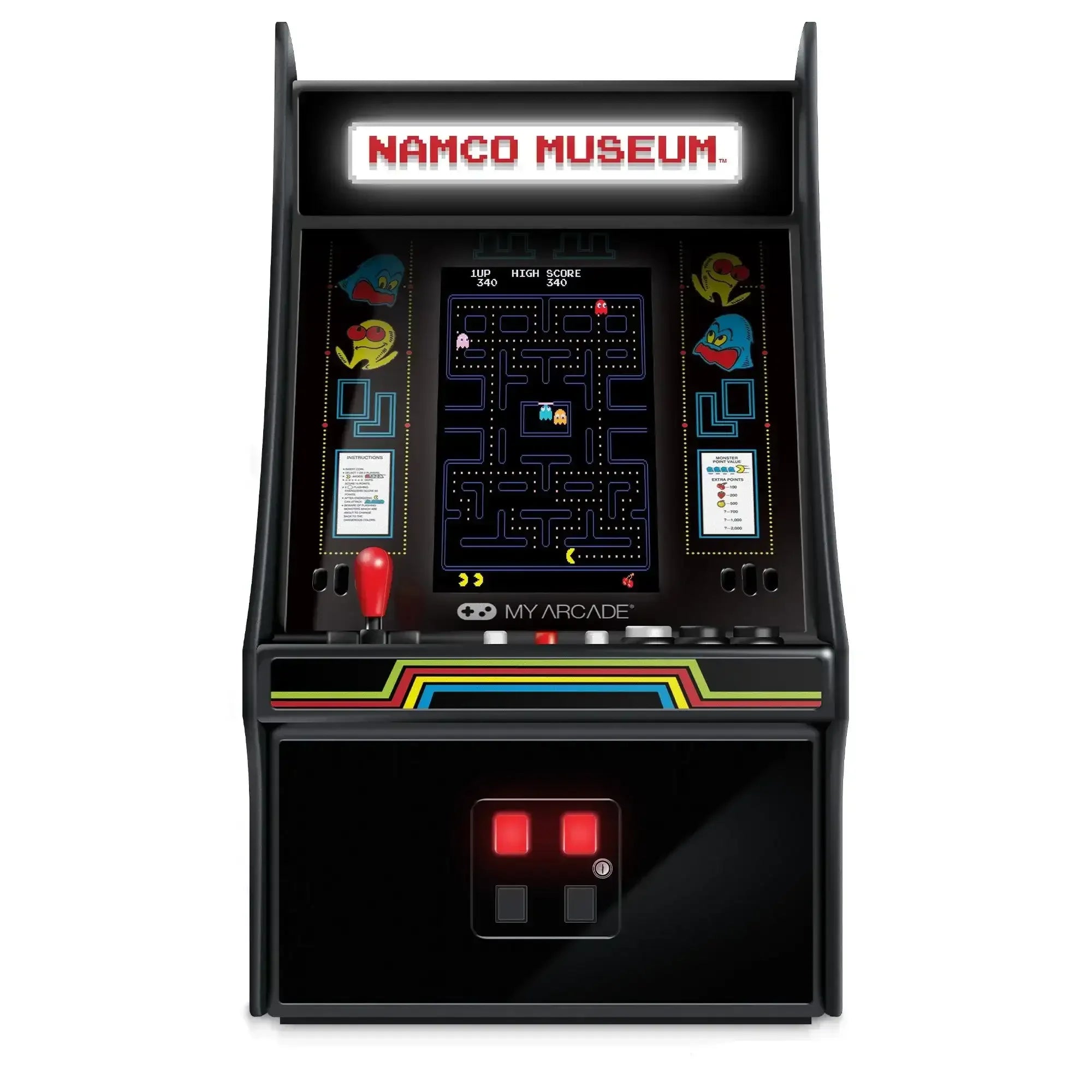Mini automat arcade Namco Museum z joystickiem, ekranem Pac-Man, kolorowy retro design