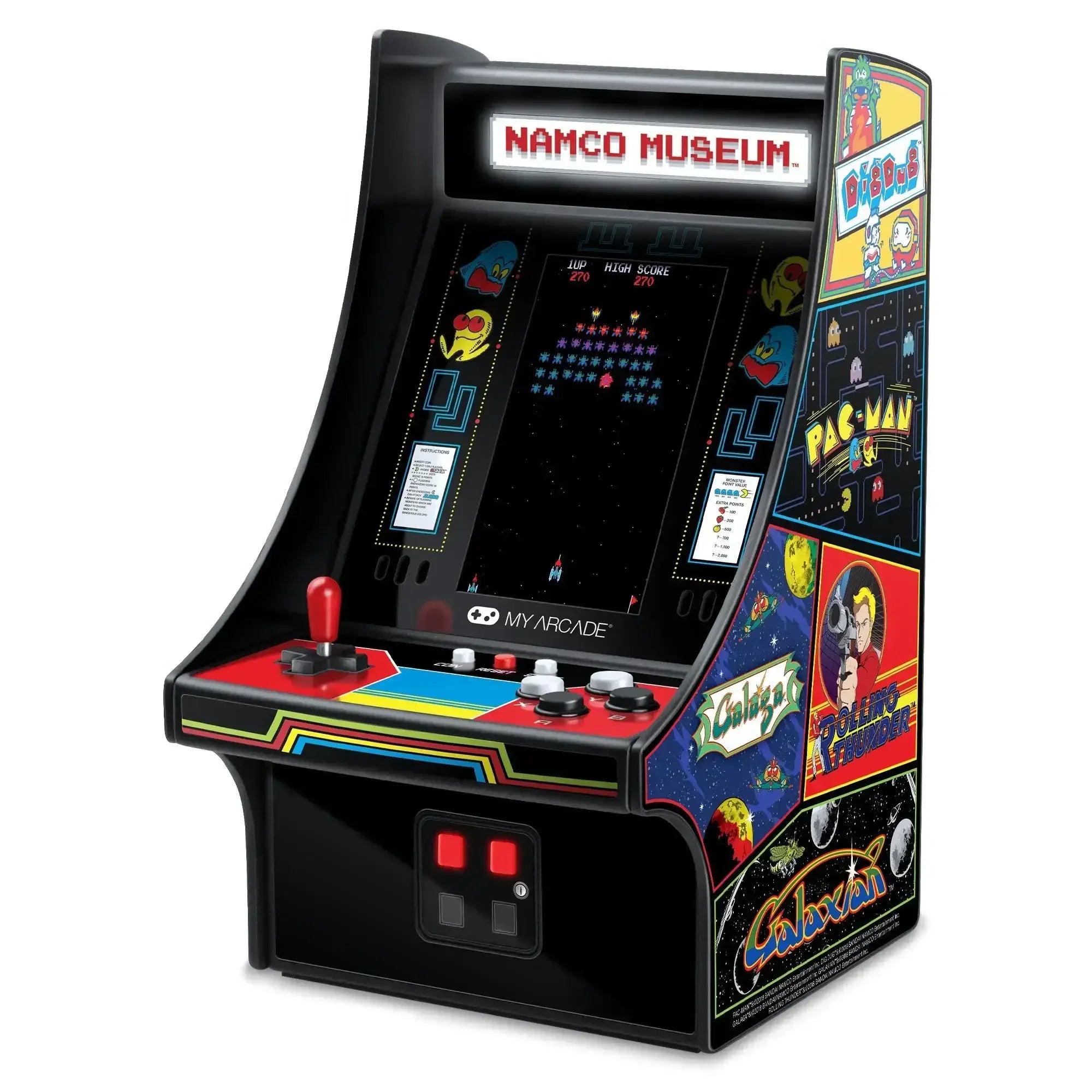 Mini automat arcade retro z grami Namco Museum, joystick, przyciski, kolorowe grafiki