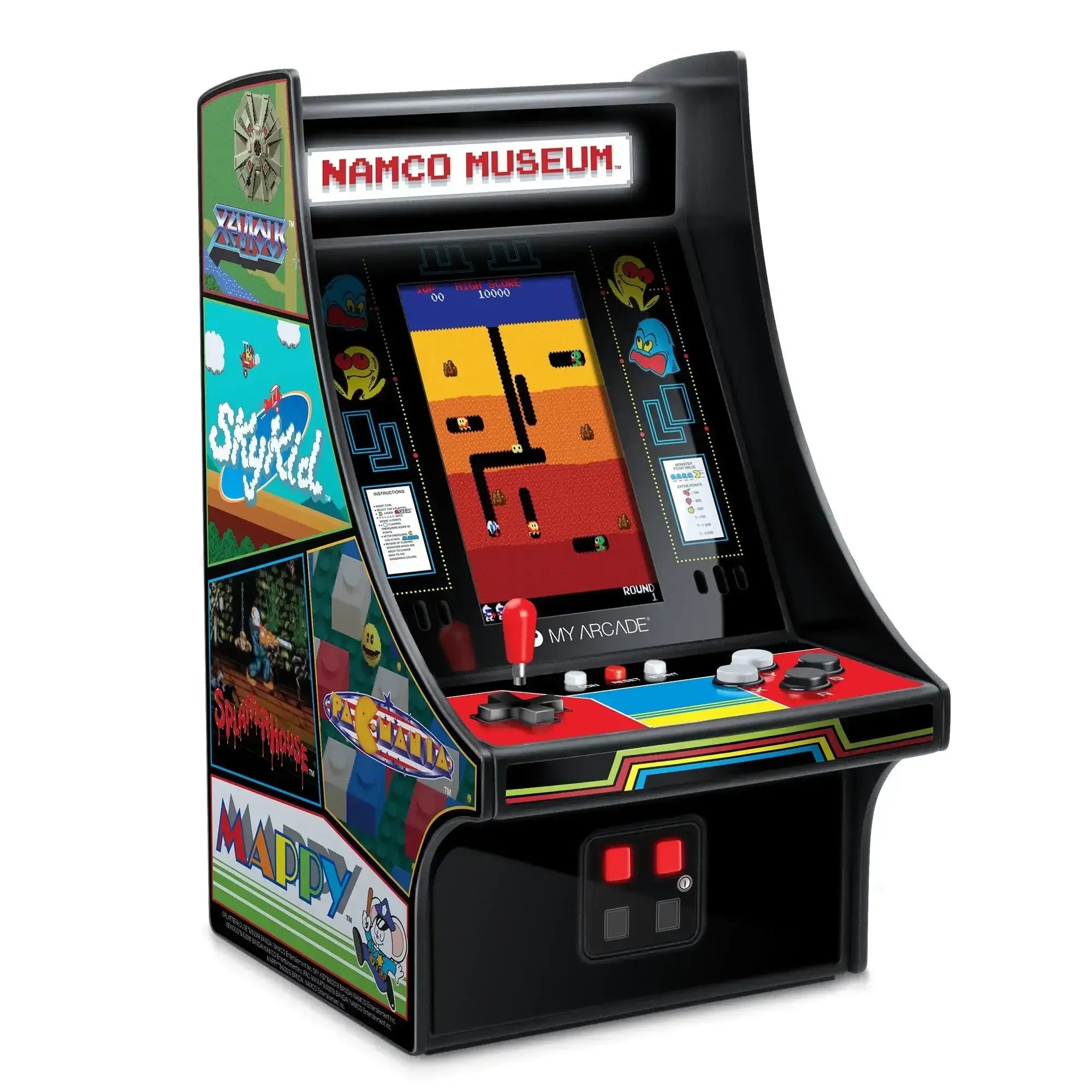 mini automat arcade Namco Museum z joystickiem, klasyczne gry retro, kolorowe grafiki