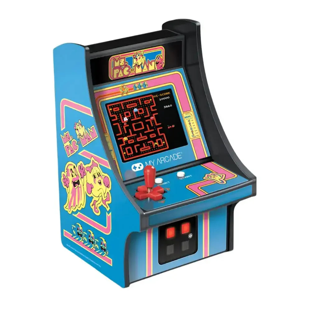 Miniaturowy automat arcade Ms. Pac-Man retro do gier, kolorowy joystick, ekran LED