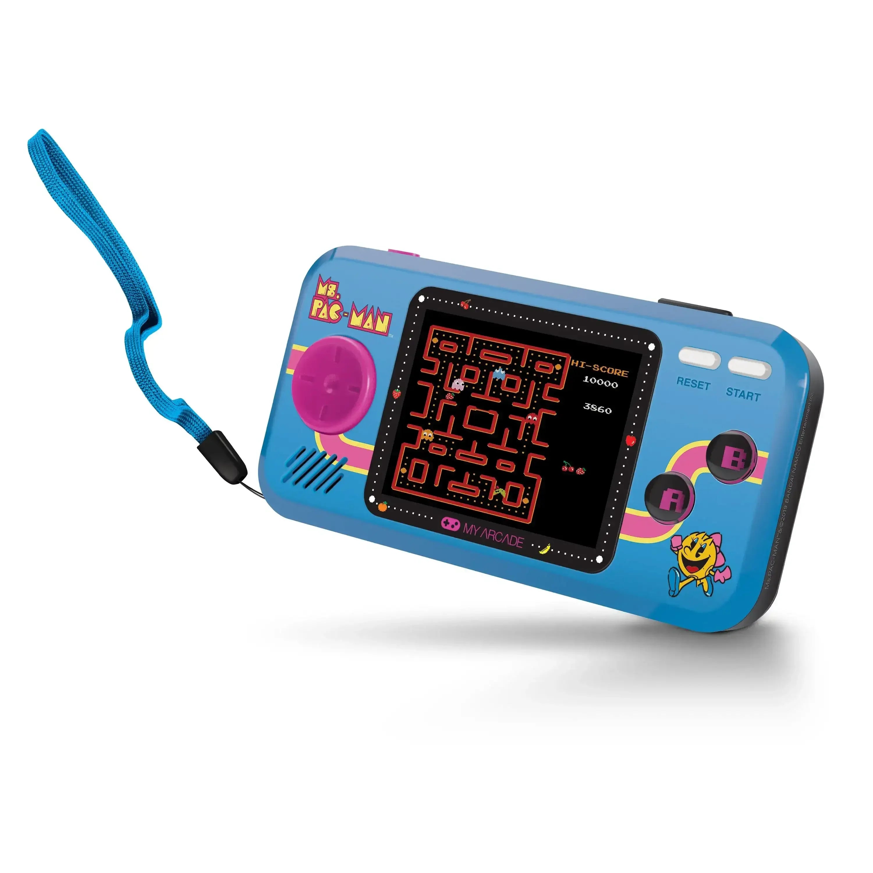 Niebieska konsola przenośna z ekranem gry Ms. Pac-Man, przyciski sterujące i pasek na rękę