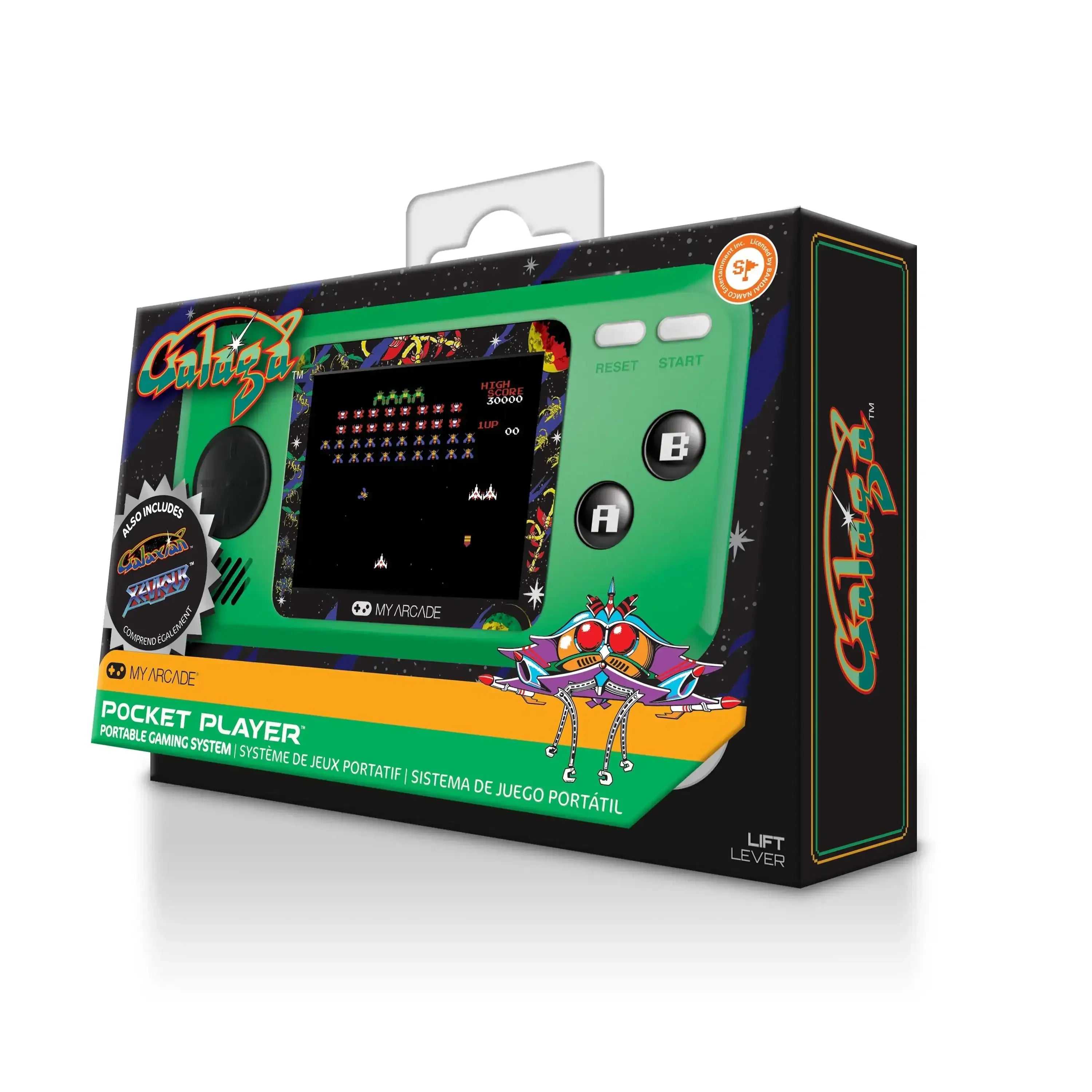 Zielona konsola przenośna Pocket Player z grą retro Galaga, opakowanie produktowe