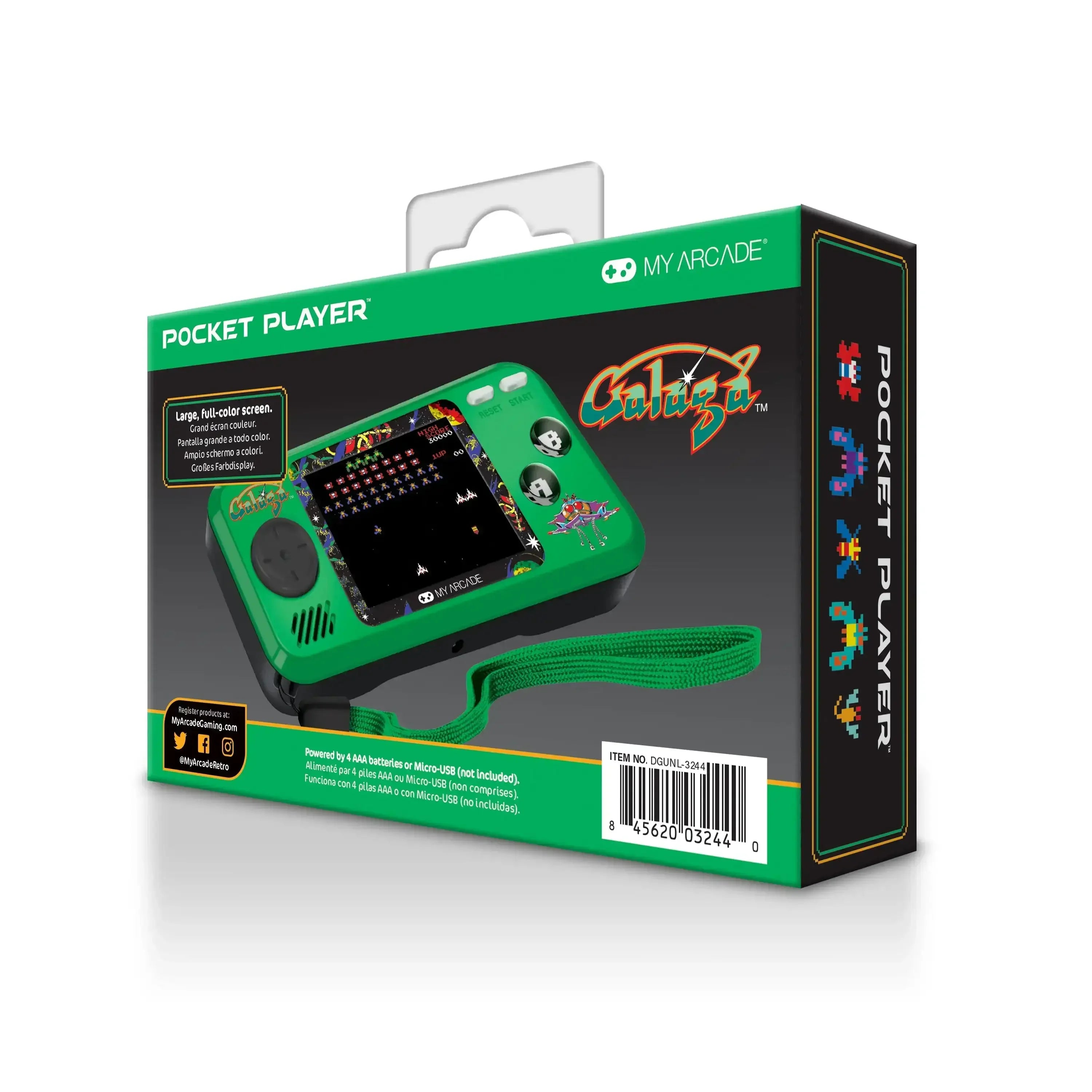 Kieszonkowa konsola do gier retro Galaga, zielona, ekran kolorowy, opakowanie produktu