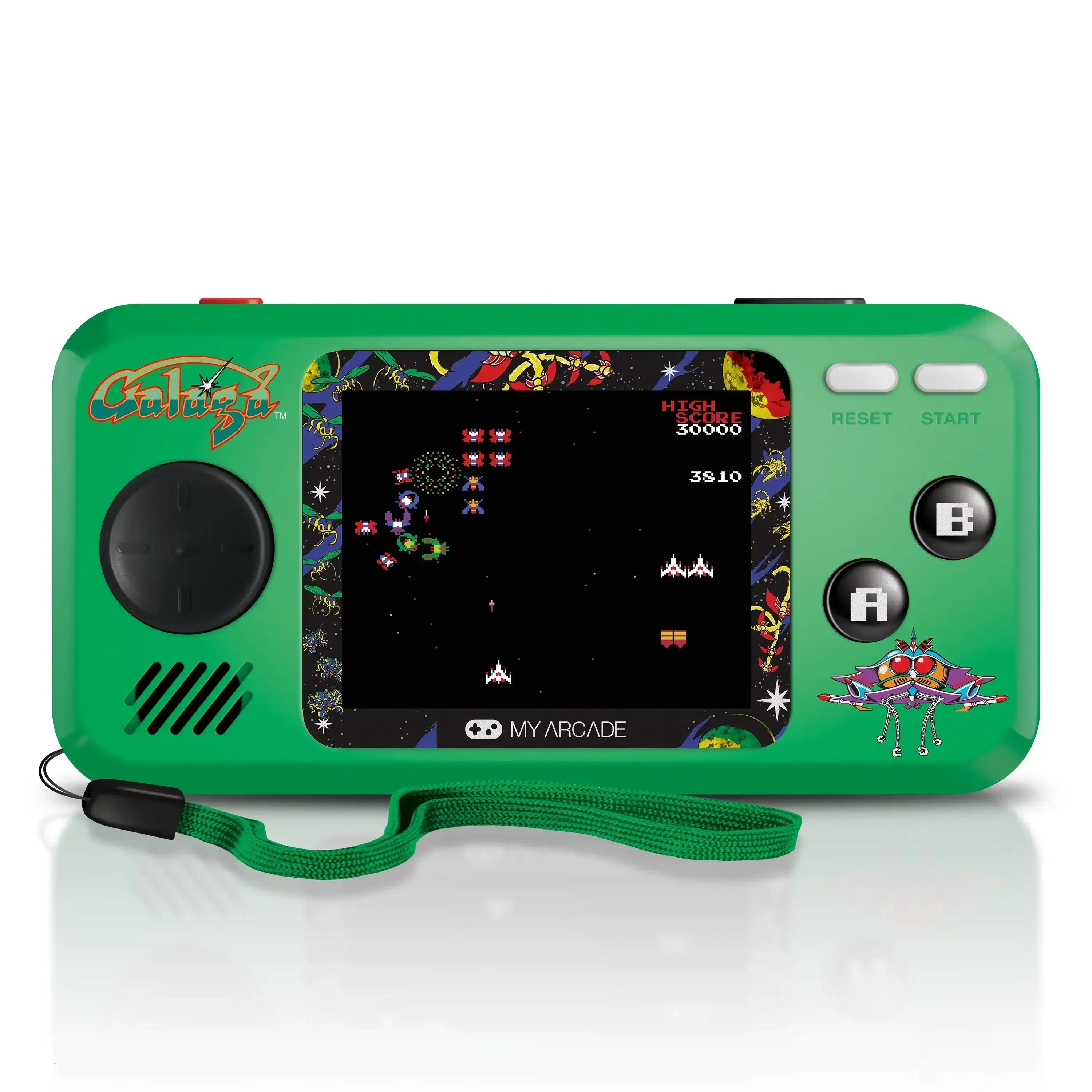 Zielona konsola retro do gier przenośnych z wyświetlaczem LCD i grą arcade na ekranie