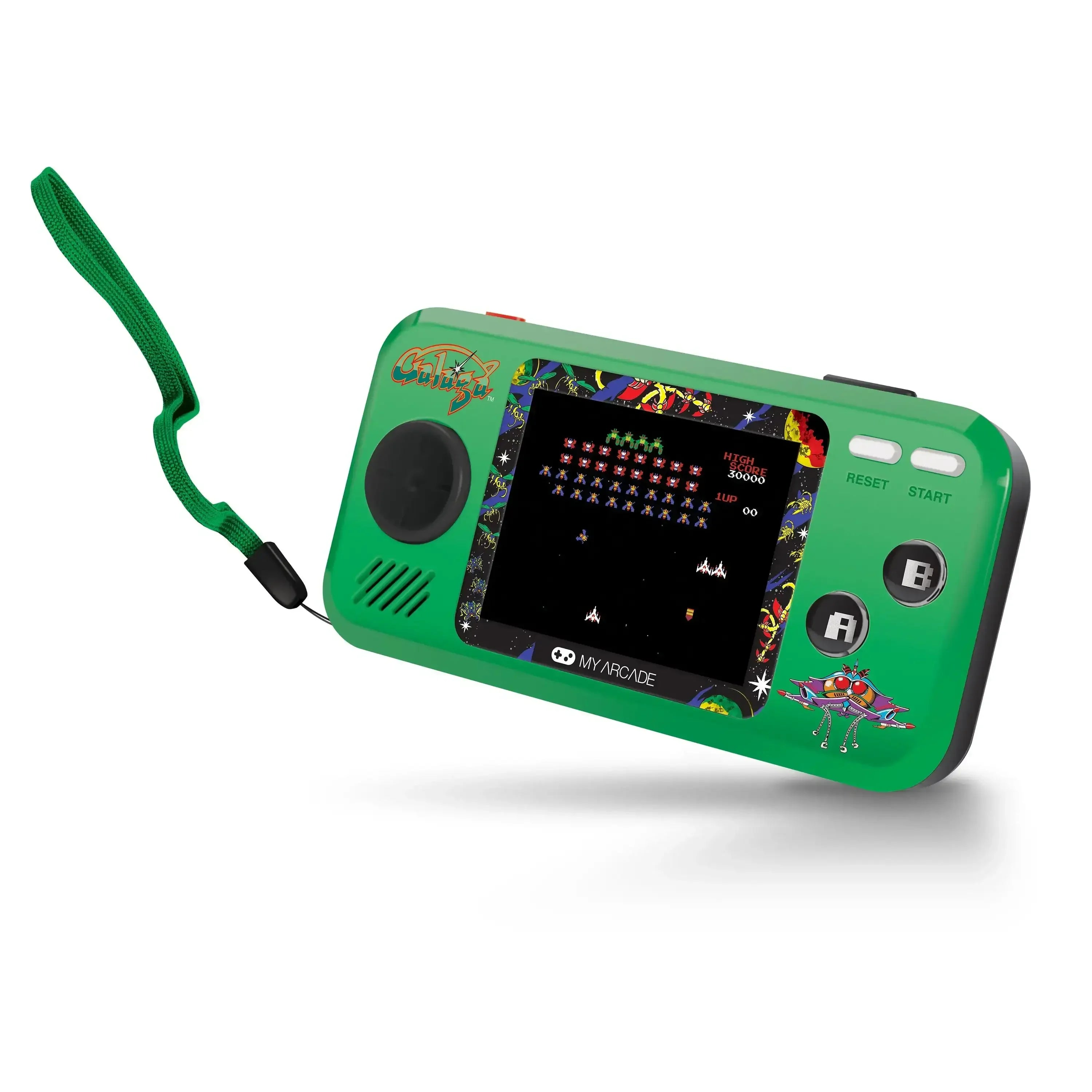 Zielona przenośna konsola retro z ekranem LCD i grą Galaga, przyciski i pasek na rękę