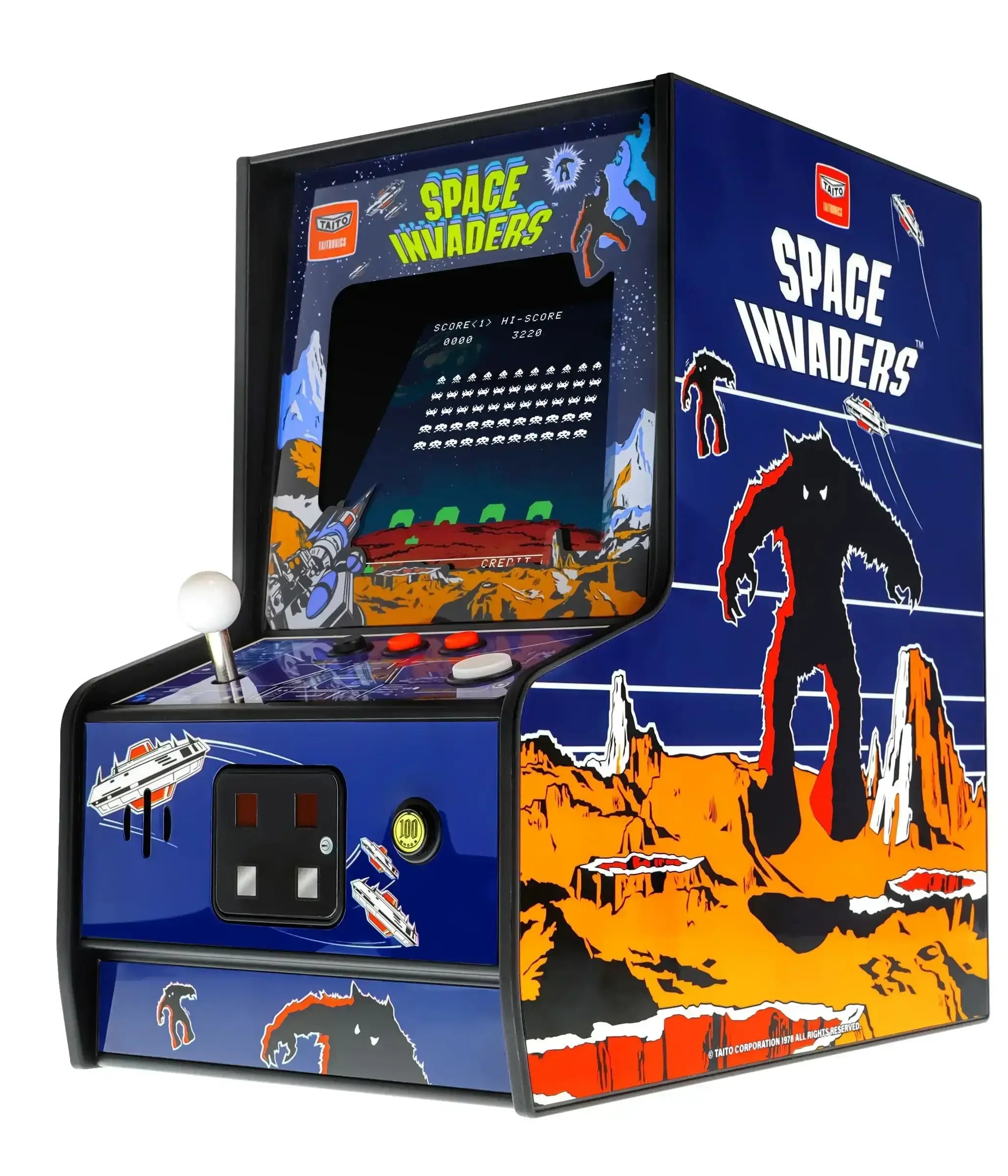 Mini automat arcade Space Invaders, retro konsola do gier, niebieska obudowa, joystick