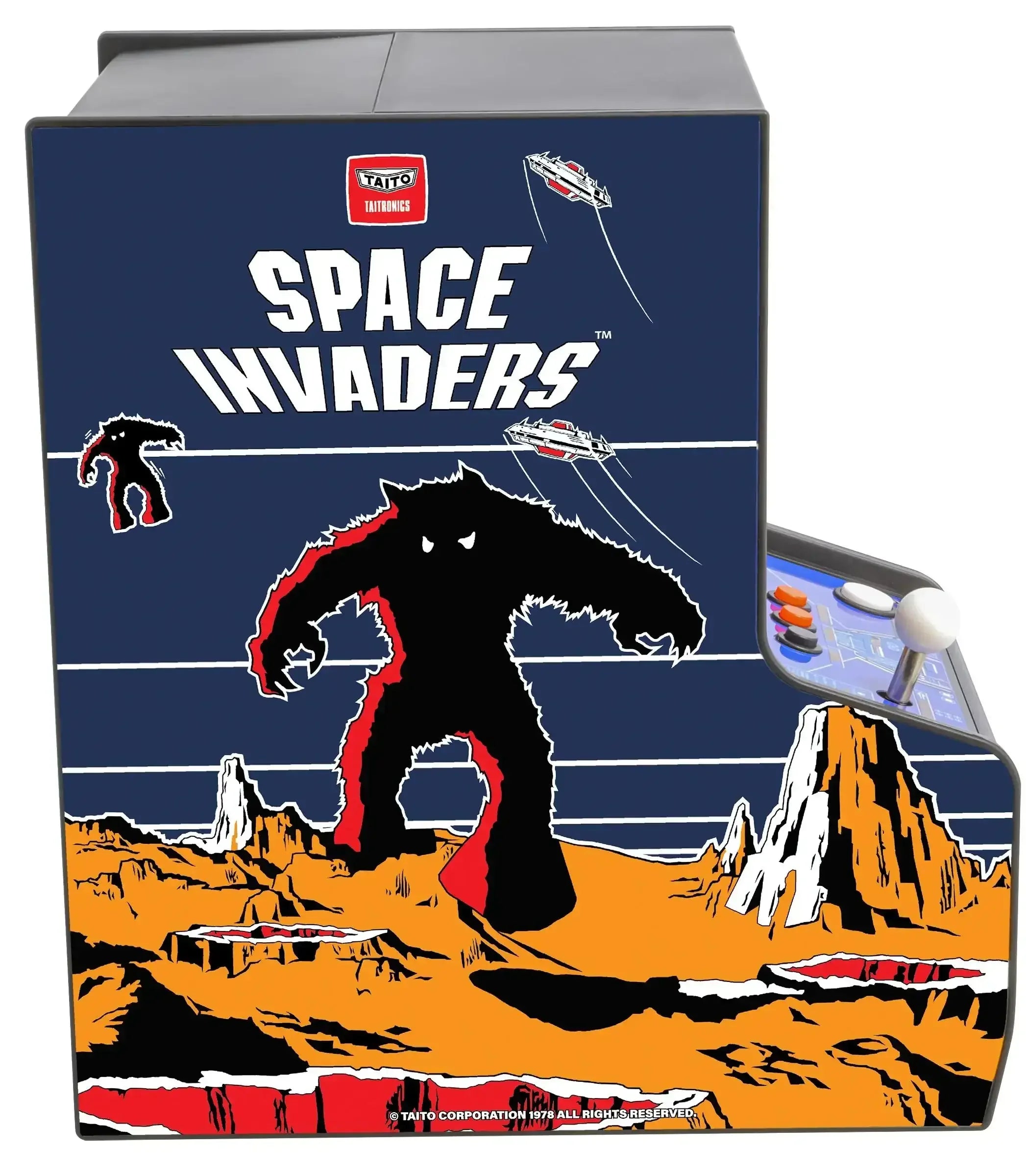 Miniaturowy automat arcade Space Invaders z klasyczną grafiką i joystickiem, retro gadżet do biura