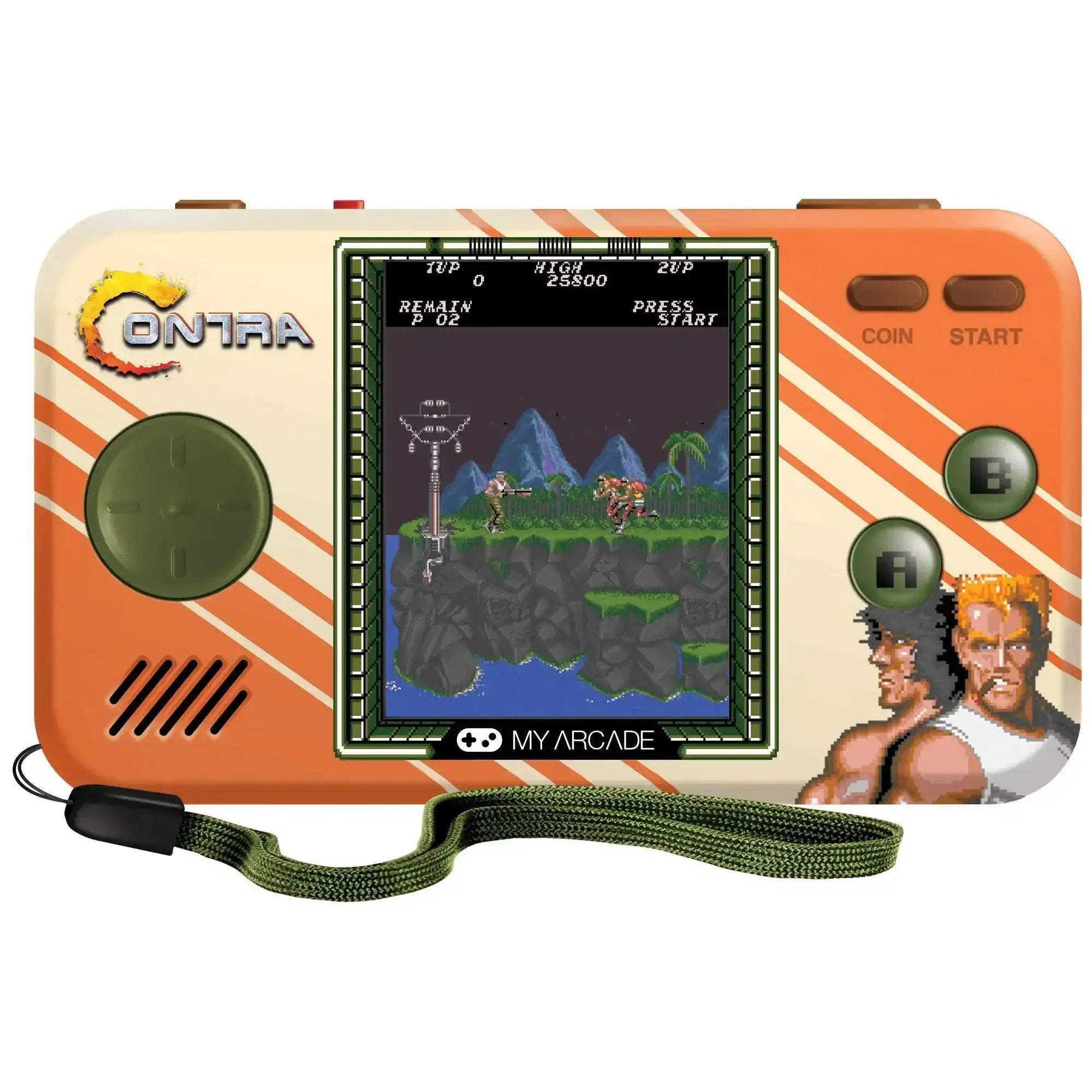 Kieszonkowa konsola retro My Arcade Pocket Player z grą Contra, pomarańczowa, z paskiem na rękę