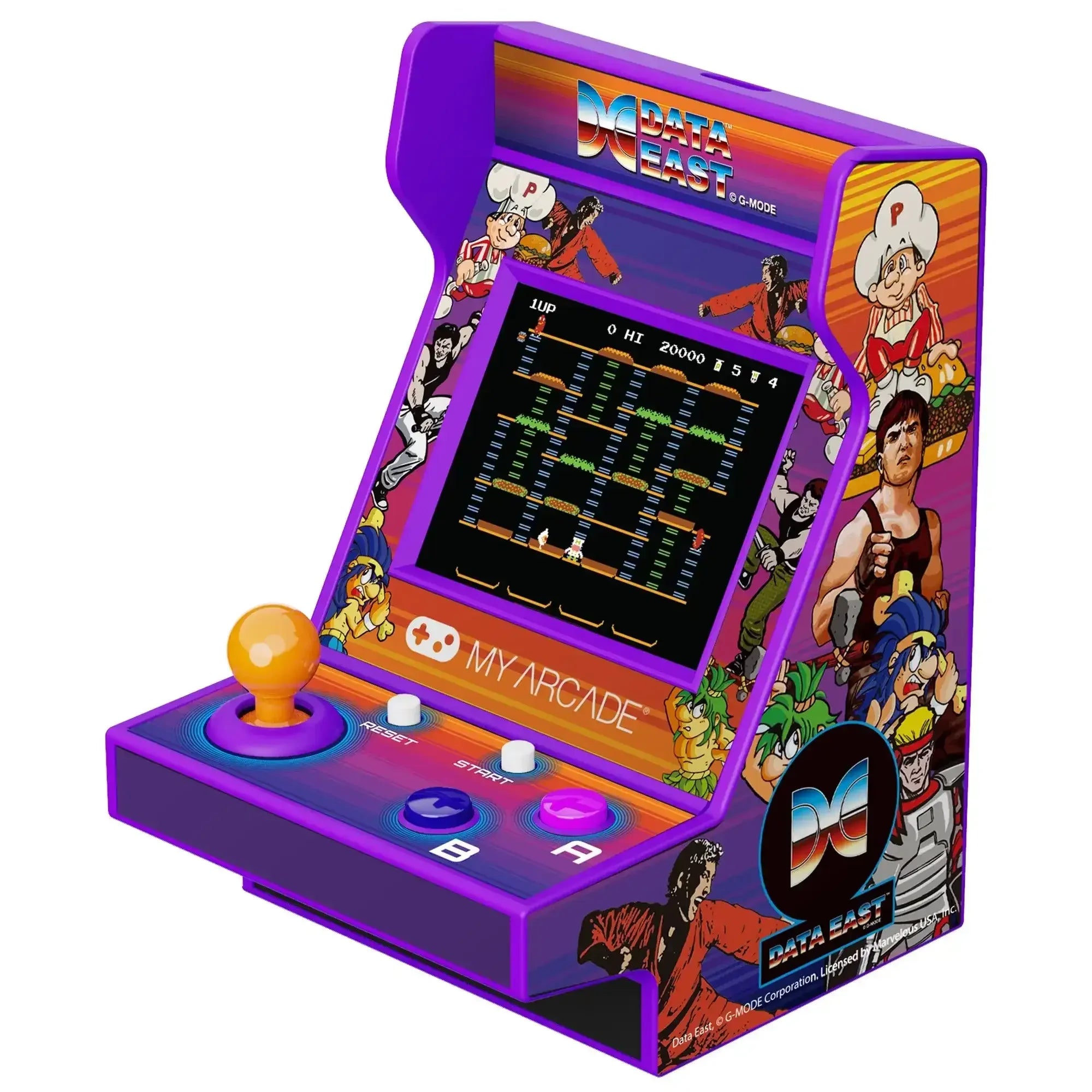 Fioletowa mini konsola arcade Data East z joystickiem, kolorowa grafika retro, ekran z grą.