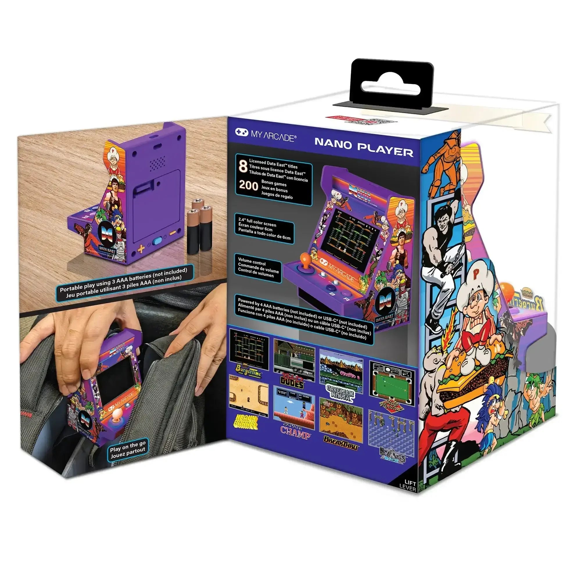 Mini automat arcade Data East Nano Player w pudełku, fioletowy, z kolorowym ekranem i grafikami retro