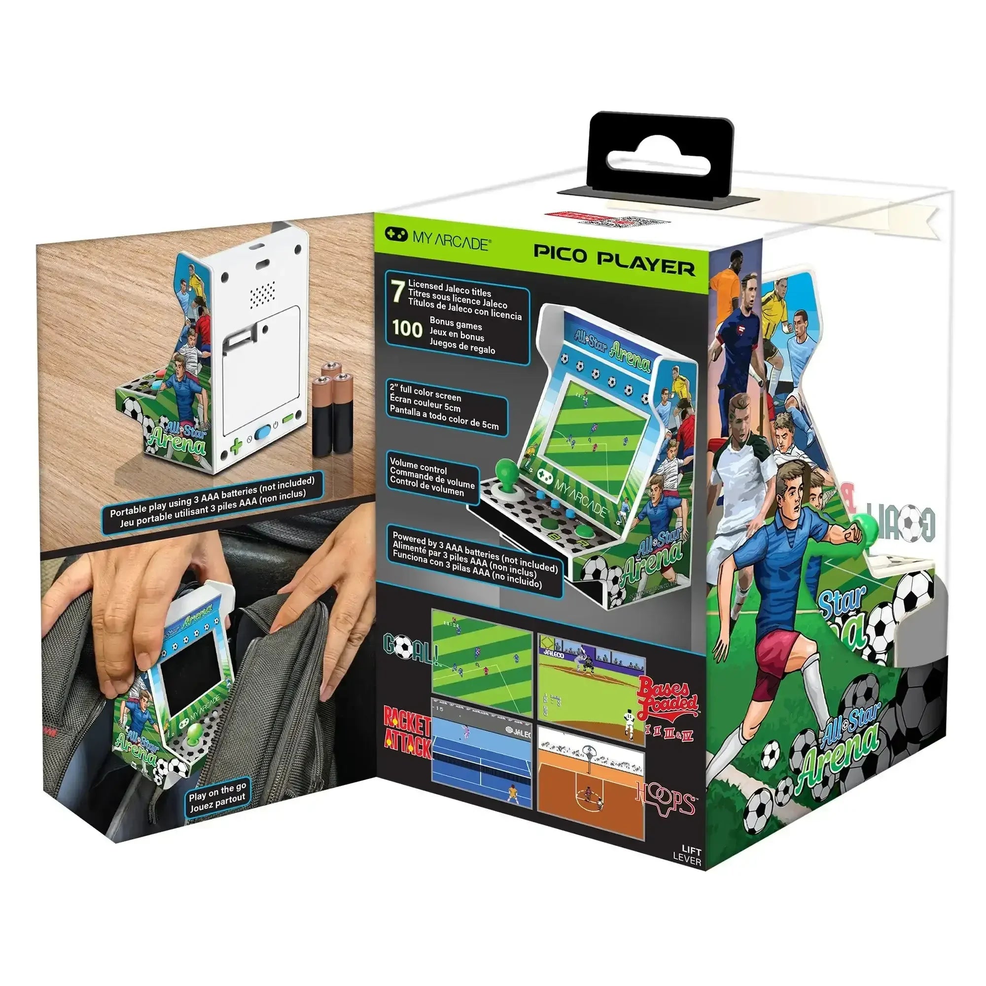 Opakowanie mini konsoli My Arcade Pico Player All Star Arena z kolorowym ekranem i grafiką piłkarską.