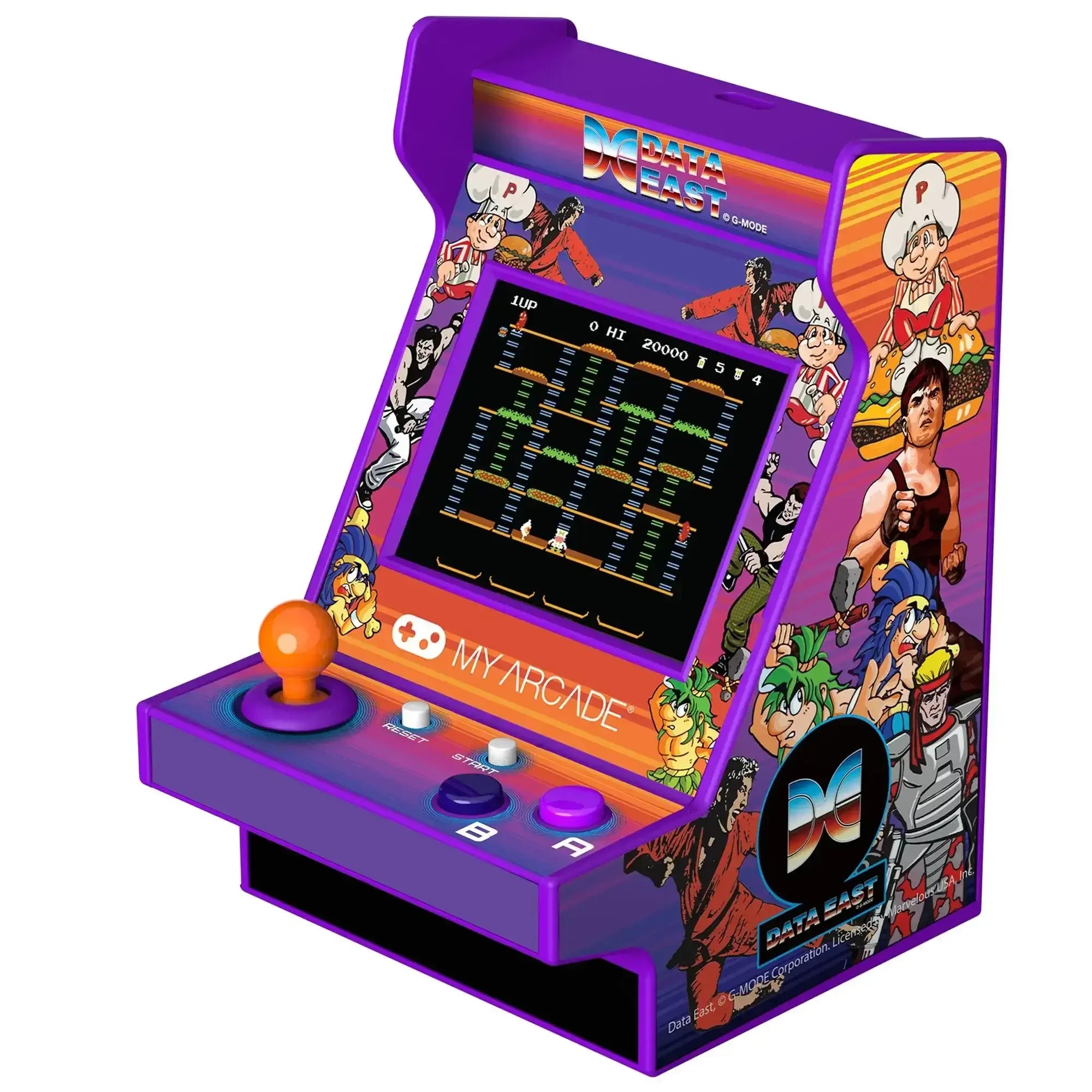 Miniaturowy automat arcade Data East, fioletowy, z joystickiem i kolorowymi przyciskami