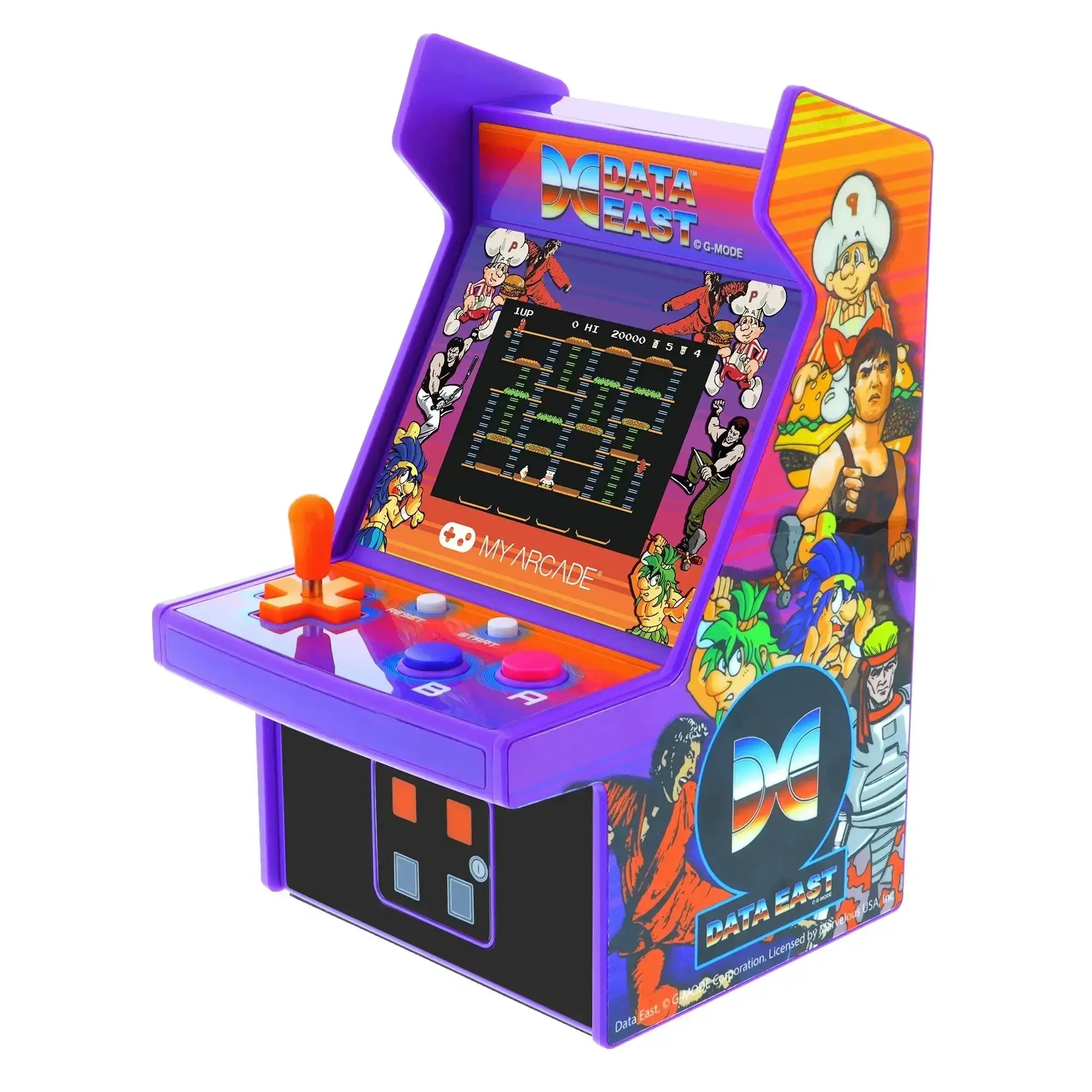 Kolorowa mini konsola arcade Data East, joystick, przyciski, ekran retro gry wideo.