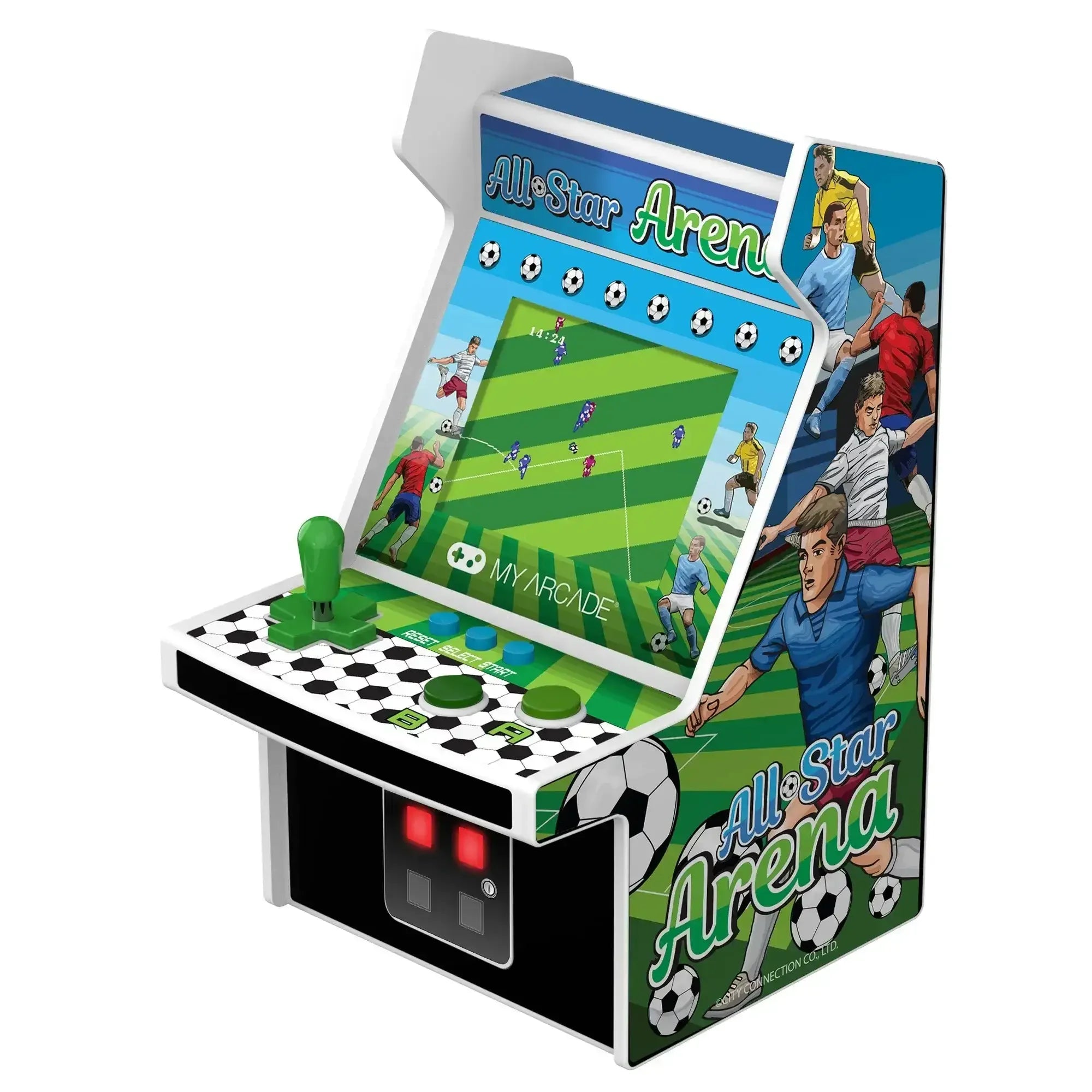 Mini automat arcade z grą piłkarską, joystick, piłkarze, retro konsola do gier