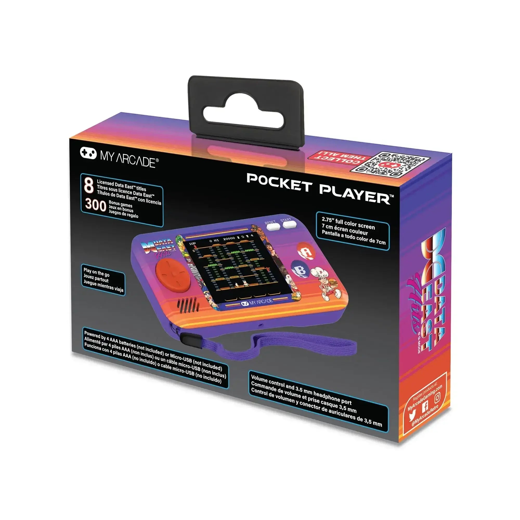 Konsola retro Pocket Player Data East na kolorowym tle, 8 gier, ekran 2,75 cala, opakowanie.