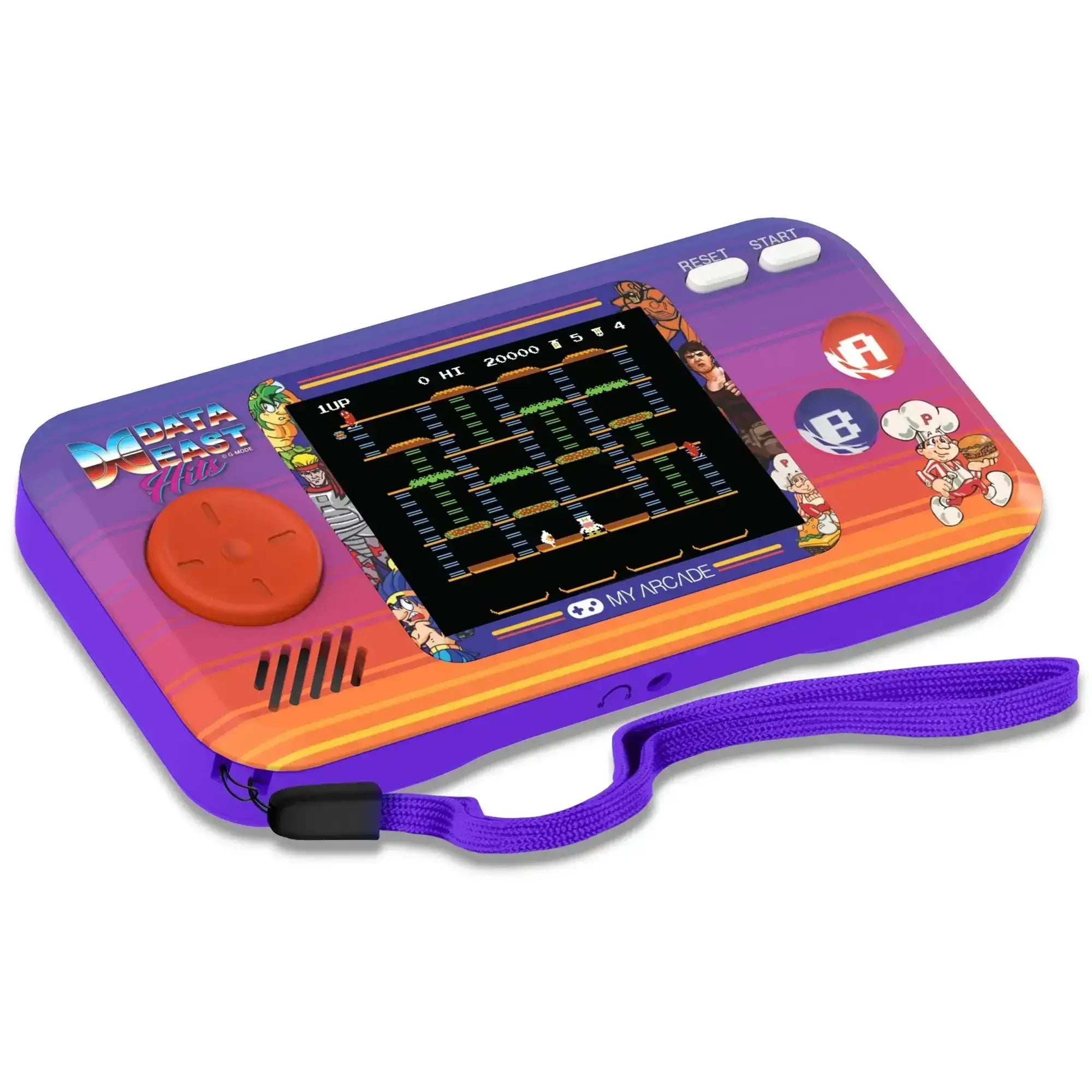 Fioletowa konsola przenośna retro z kolorowymi przyciskami i ekranem do gier arcade