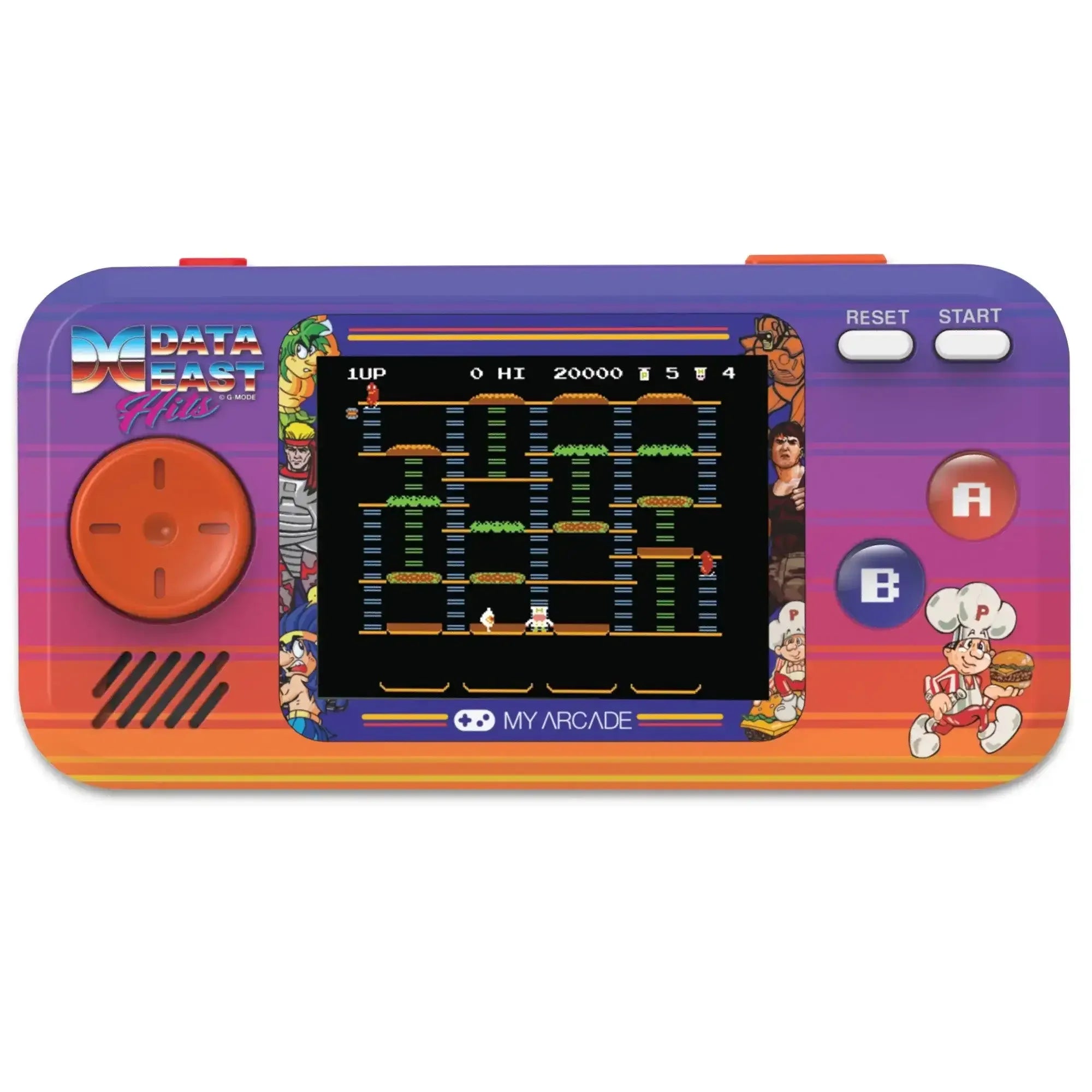 Kolorowa konsola przenośna retro z ekranem LCD, gra w stylu pixel art, przyciski A i B