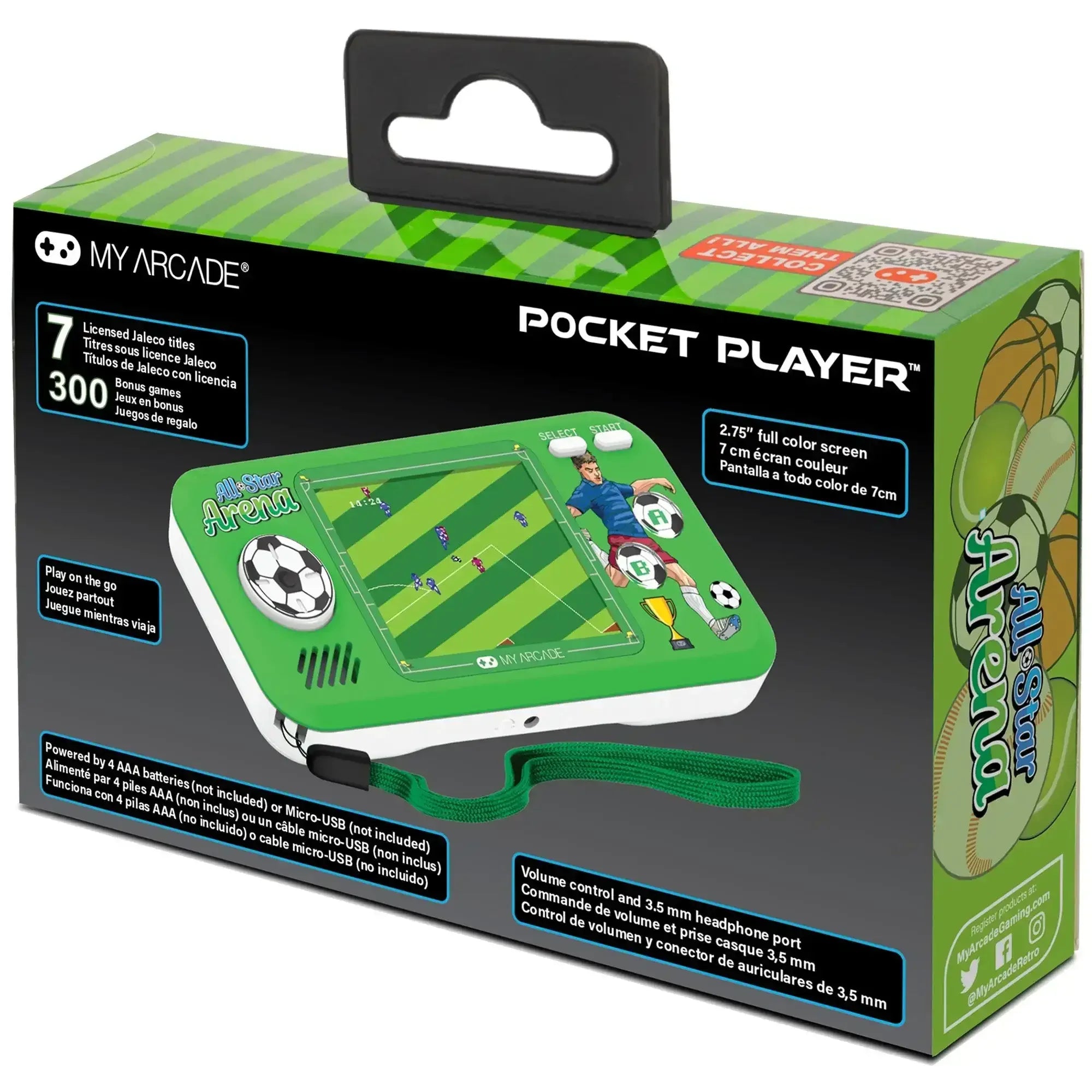 Konsola do gier przenośna Pocket Player All-Star Arena w opakowaniu, zielona obudowa, motyw piłkarski