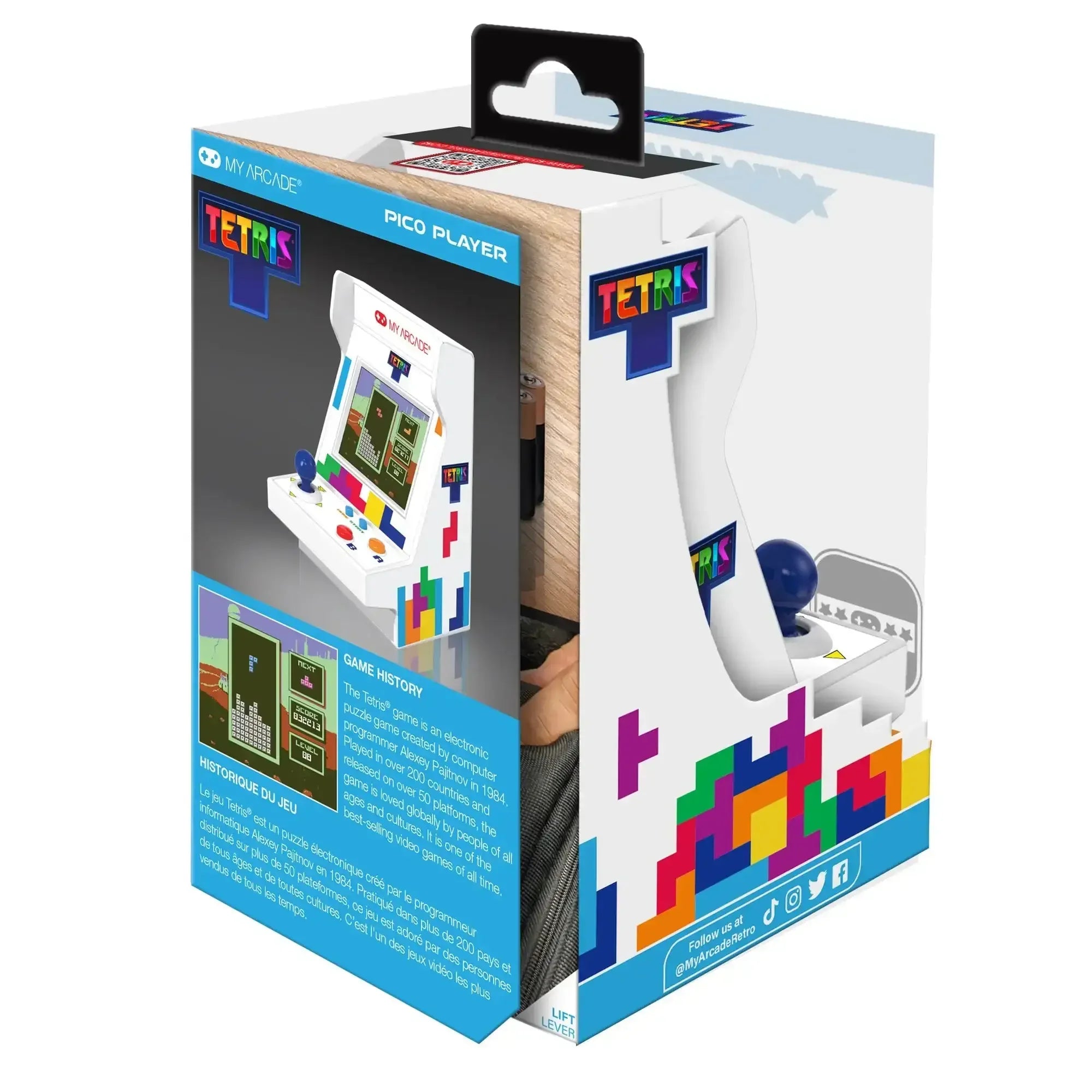 Miniaturowa konsola arcade Pico Player Tetris w kolorowym opakowaniu, widok z tyłu