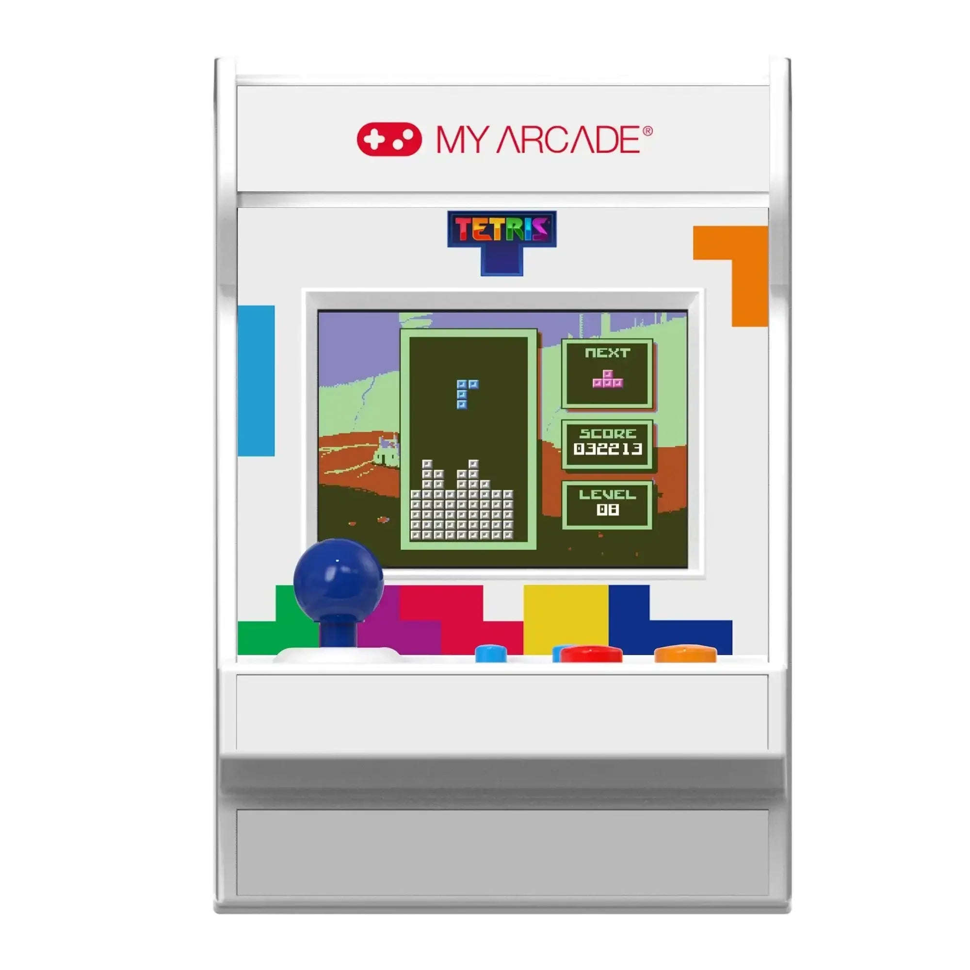 Mini arcade z grą Tetris, biały panel, kolorowy joystick i przyciski, wyświetlacz retro