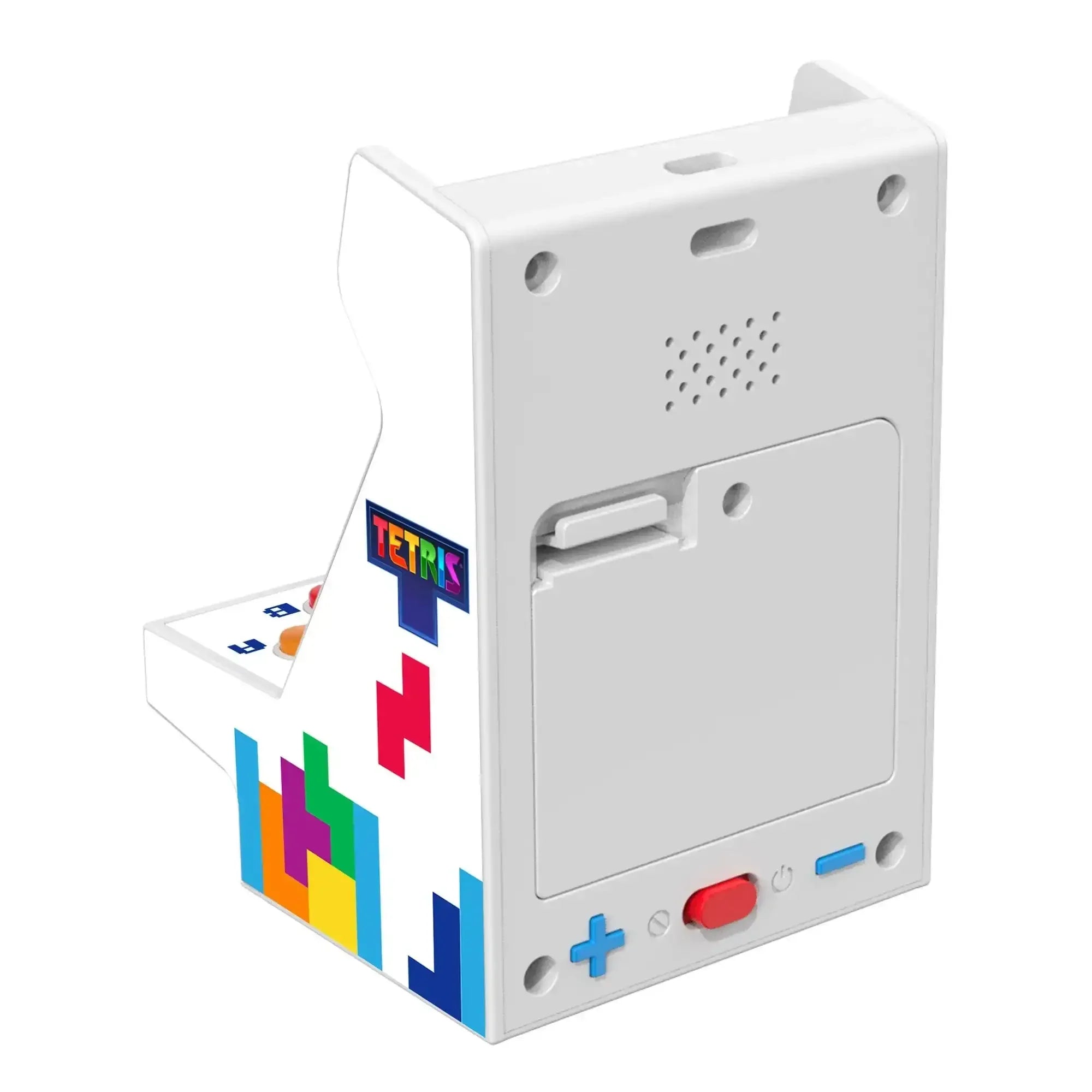 Biała mini konsola retro w stylu arcade z motywem Tetris, widok z tyłu