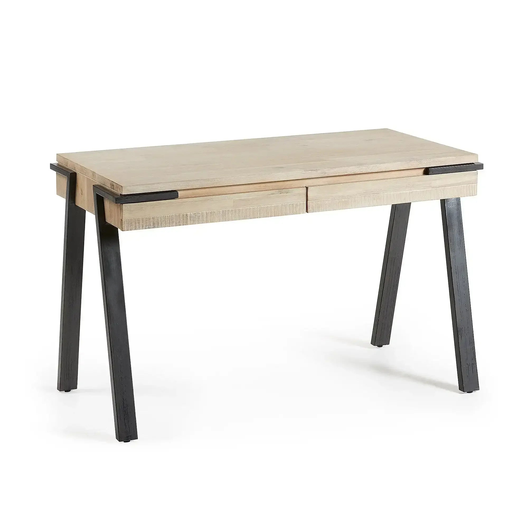 Biurko drewniane z czarnymi metalowymi nogami, idealne do home office i desk setupu