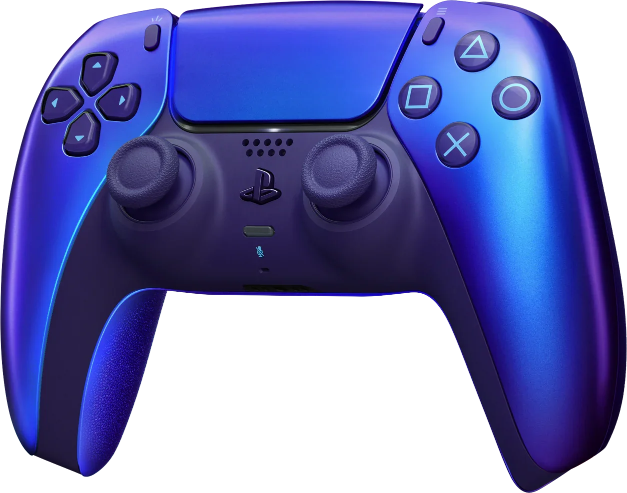 Niebieski kontroler PlayStation 5 z błyszczącą powłoką i klasycznymi przyciskami