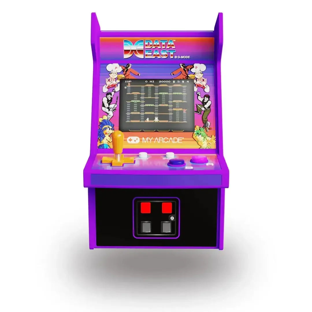 Miniaturowy fioletowy automat arcade Data East z joystickiem i kolorowymi przyciskami