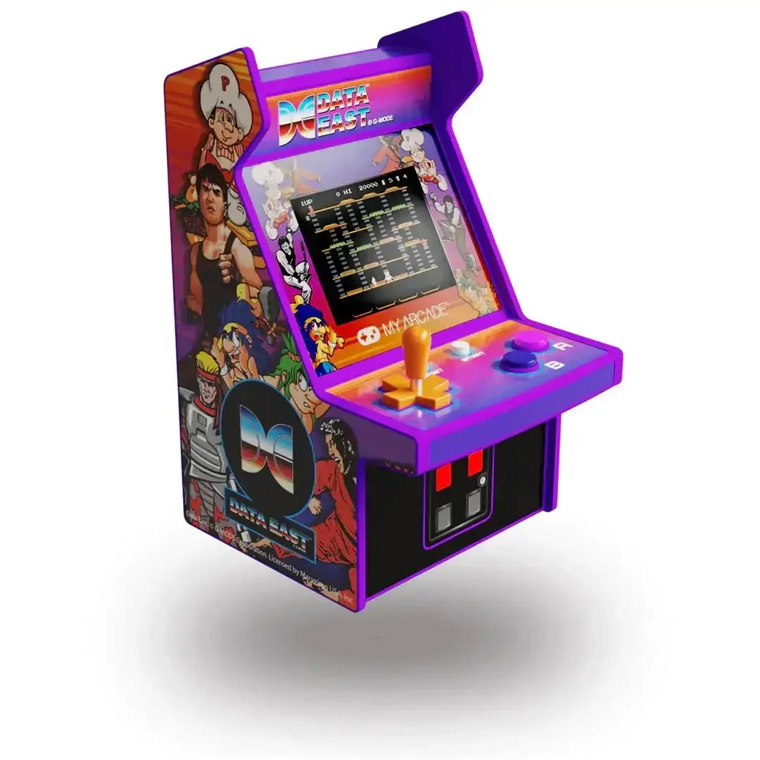Kolorowa mini automat retro arcade z joystickiem, ekranem LCD i grafiką Data East.
