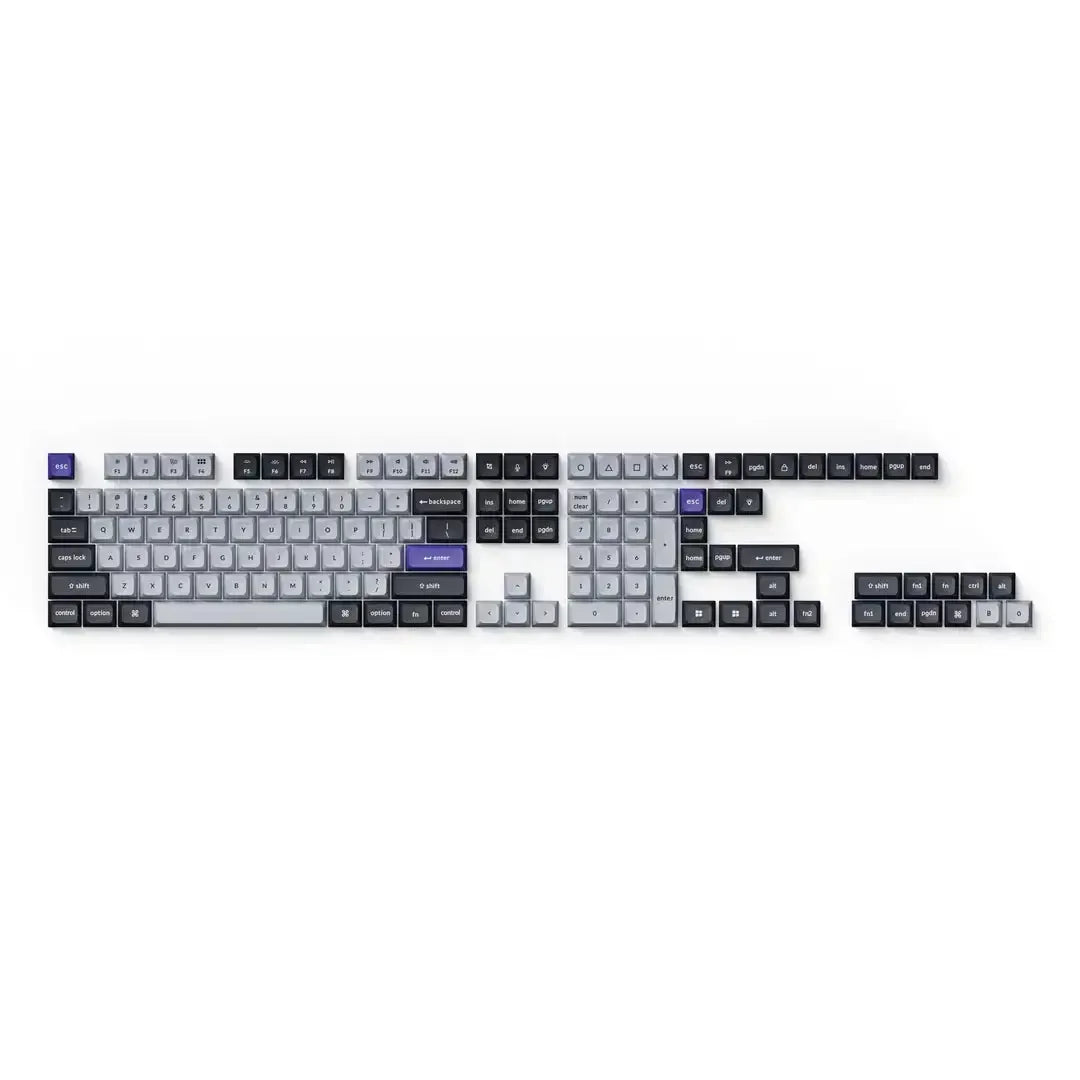 Zestaw keycapów PBT do klawiatury mechanicznej, szaro-srebrne, podświetlane napisy.