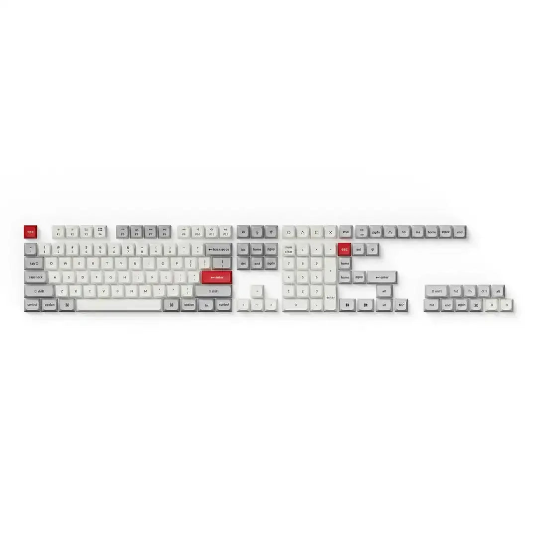 Zestaw keycapów PBT do klawiatury mechanicznej, jasnoszare i białe z czerwonymi akcentami.