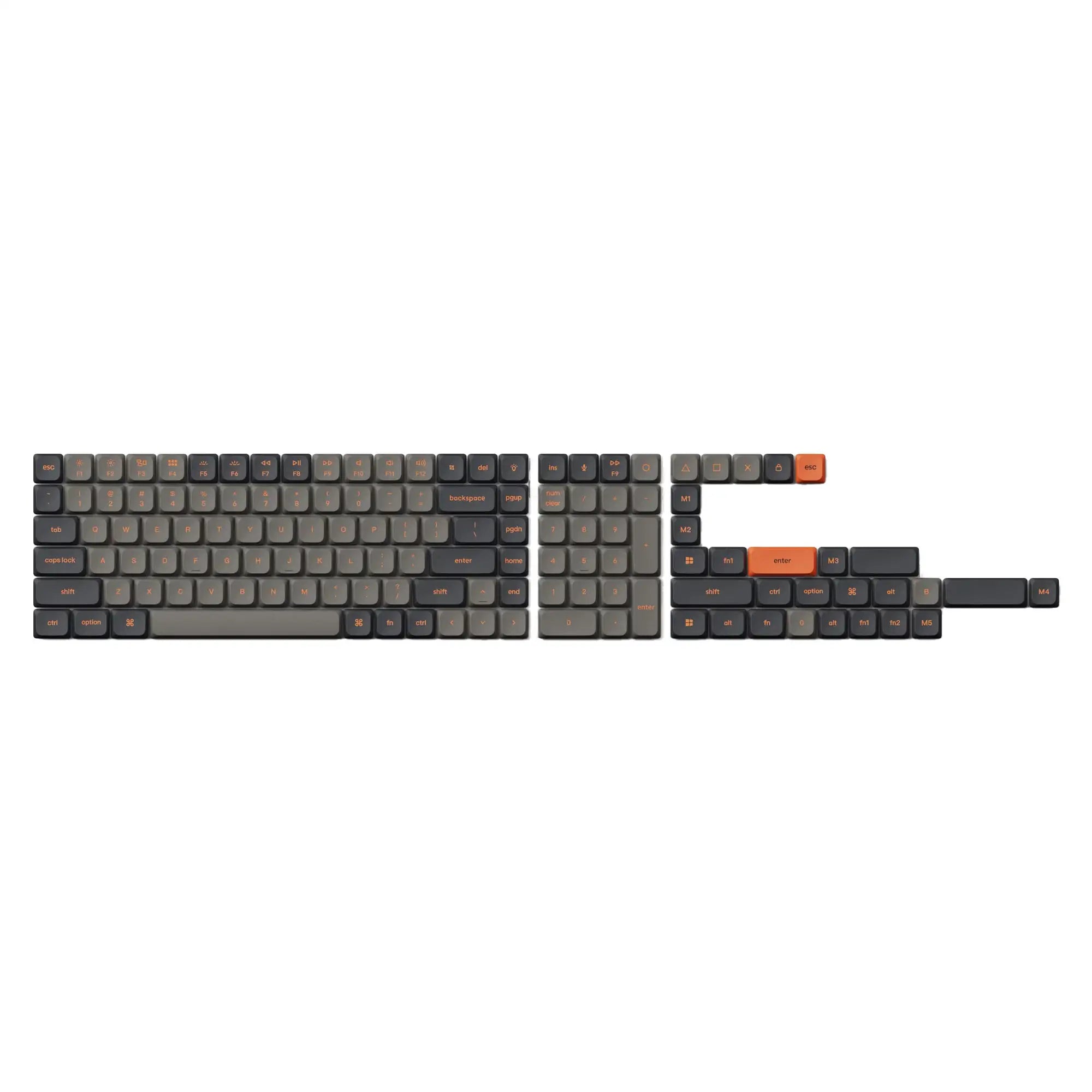 Zestaw nakładek Double Shot Low Profile PBT Keycap w kolorystyce carbon, klawisze szare i czarne z pomarańczowymi napisami.