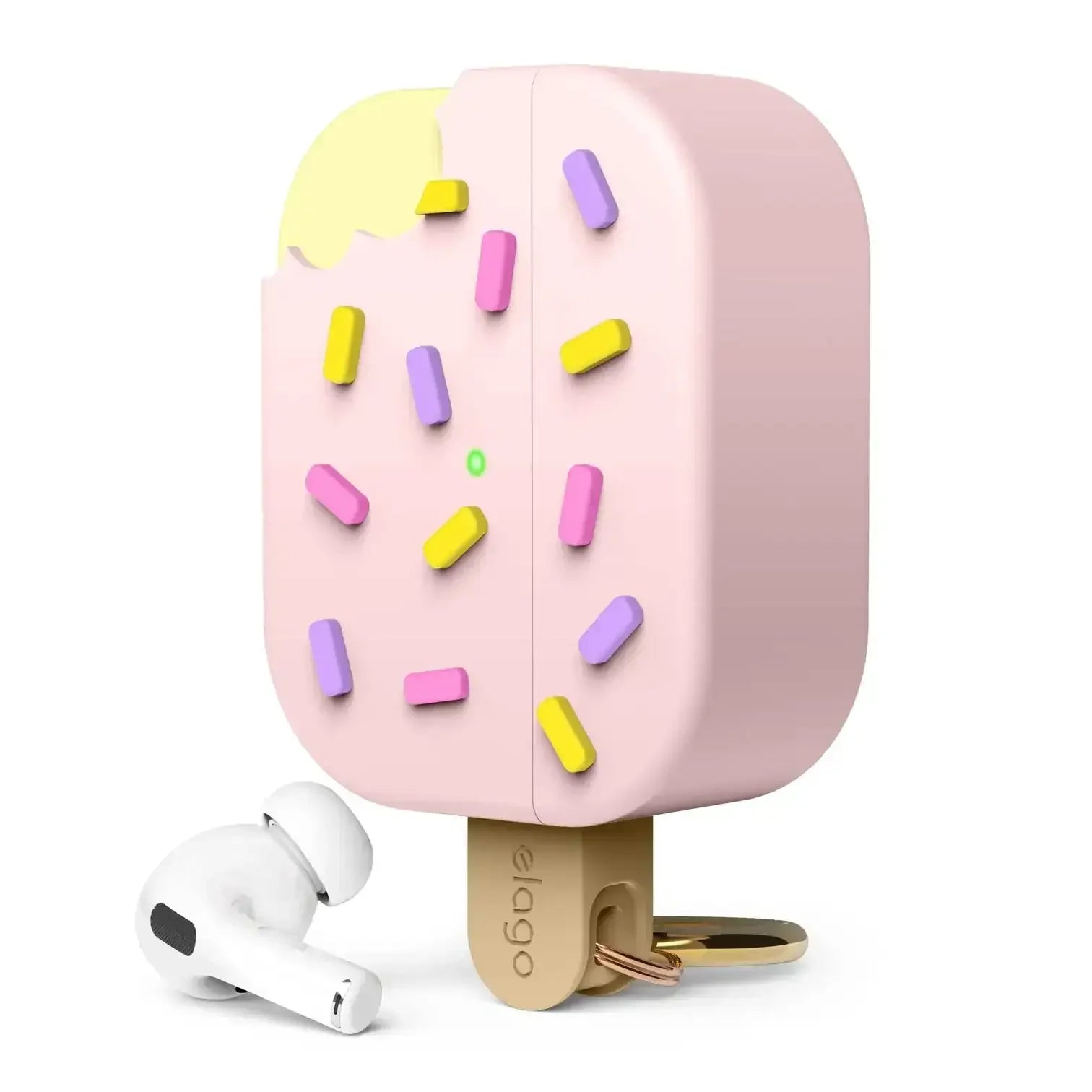 Etui na słuchawki AirPods w kształcie różowego loda z kolorowymi posypkami.