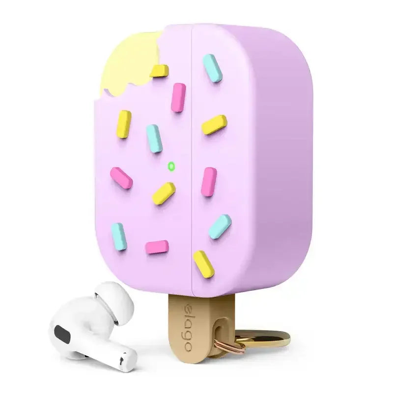 Etui na słuchawki AirPods w kształcie lodów na patyku, pastelowe kolory, ozdobione posypką.