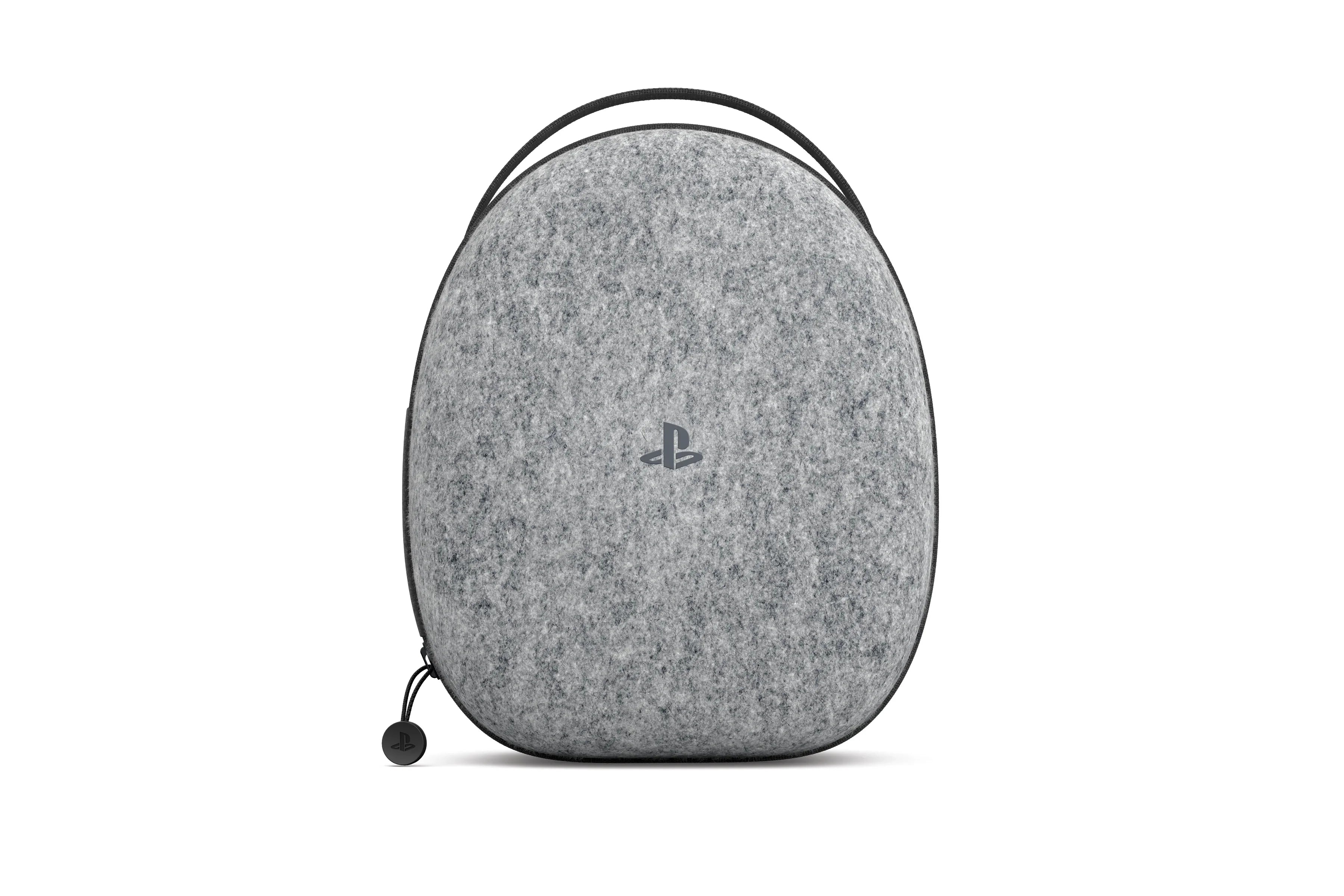 Szara etui na słuchawki PlayStation z logo PS, idealne do przenoszenia i przechowywania akcesoriów gamingowych.