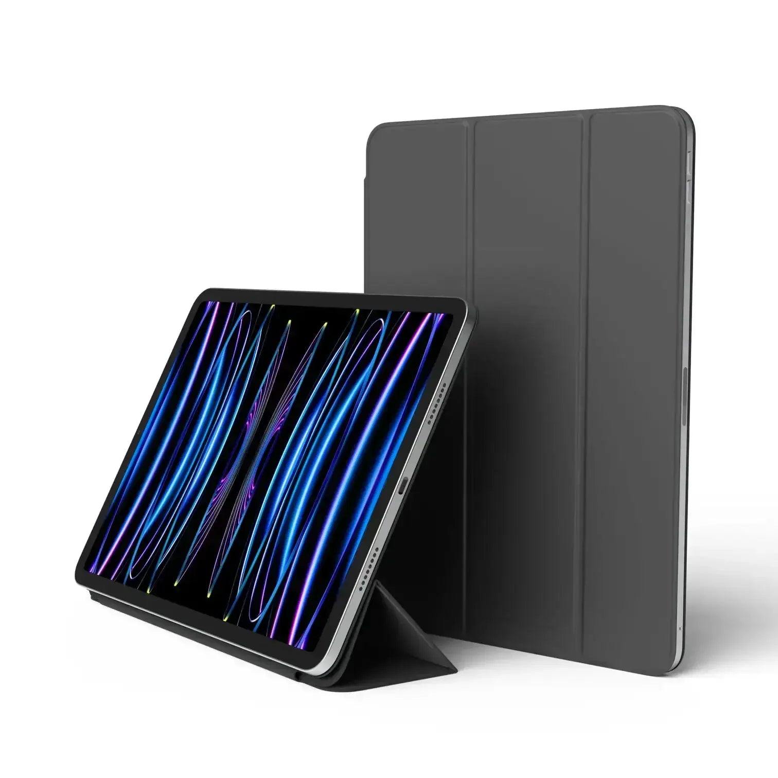 Czarne etui na tablet w funkcji stojaka, tablet z wyświetlaczem LED, akcesoria biurowe