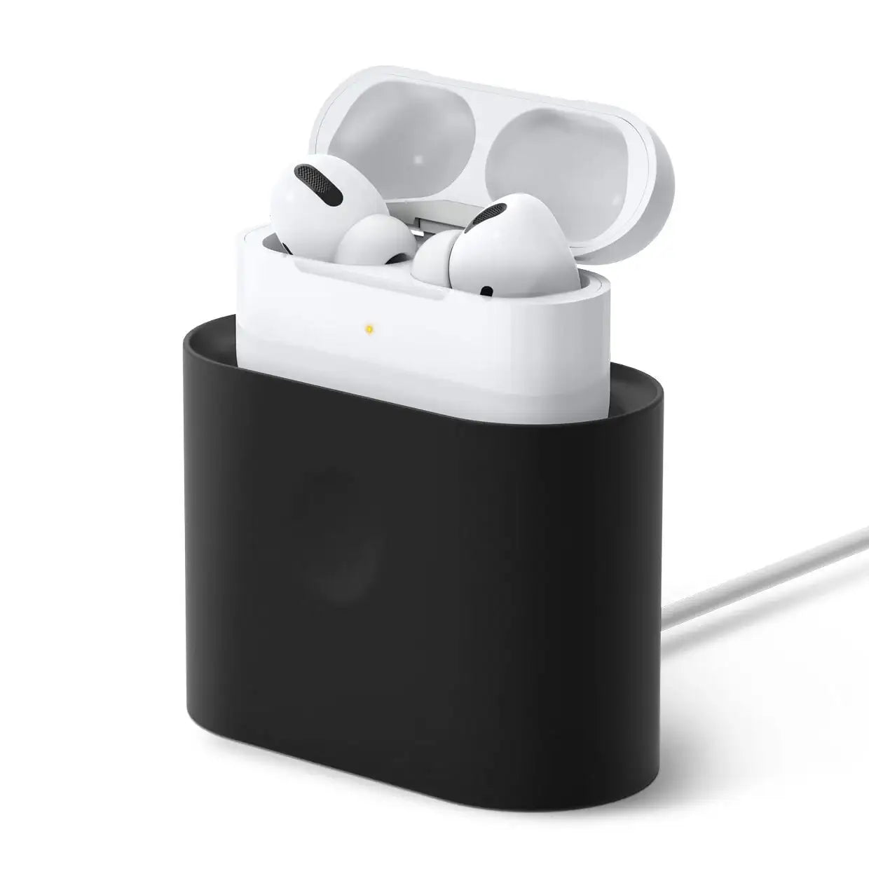 Czarna ładowarka do słuchawek bezprzewodowych AirPods Pro z etui na białym tle